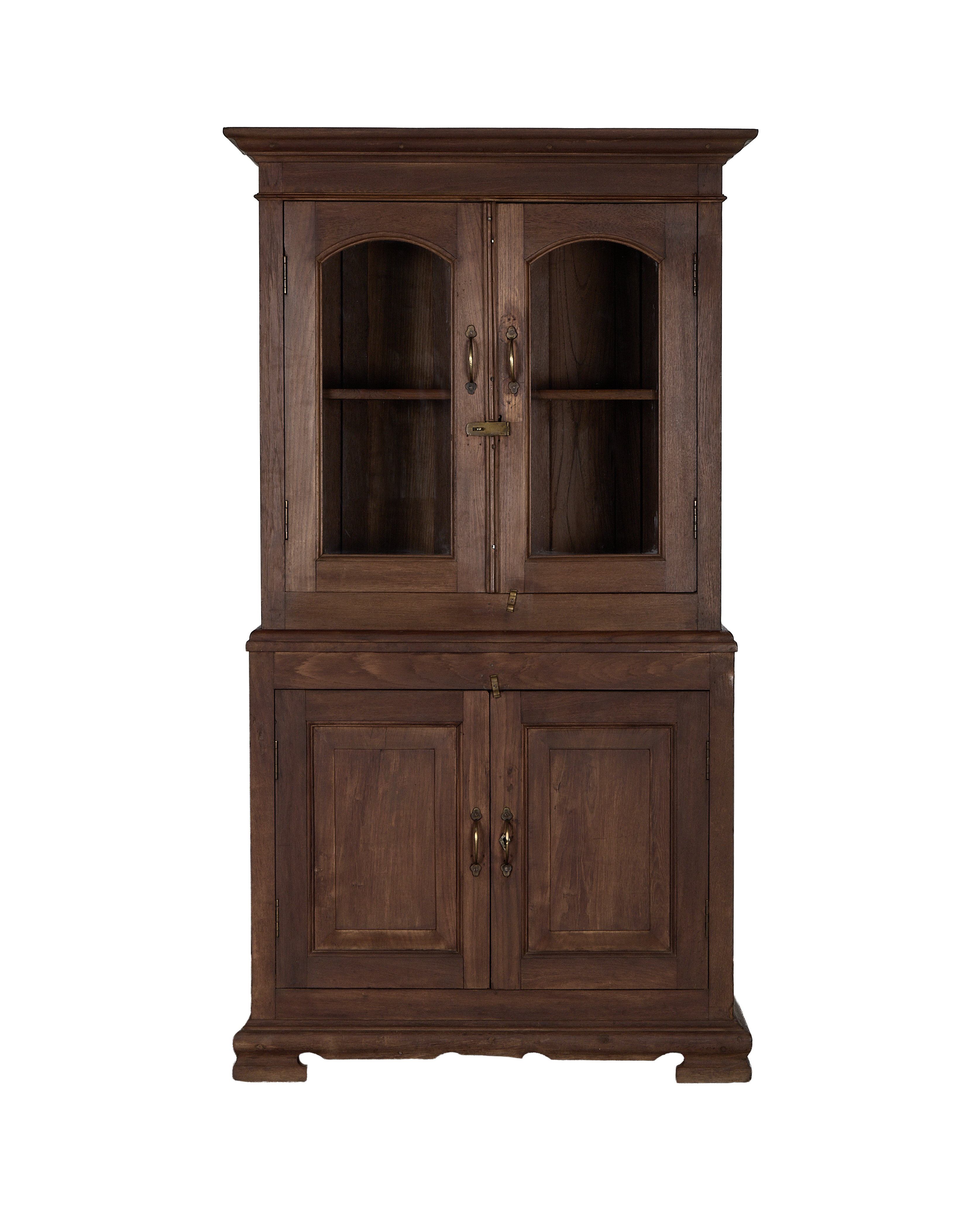 Vintage Indian natural oak wood cabinet, arch glass doors, solid lower doors, antique brass hardware.