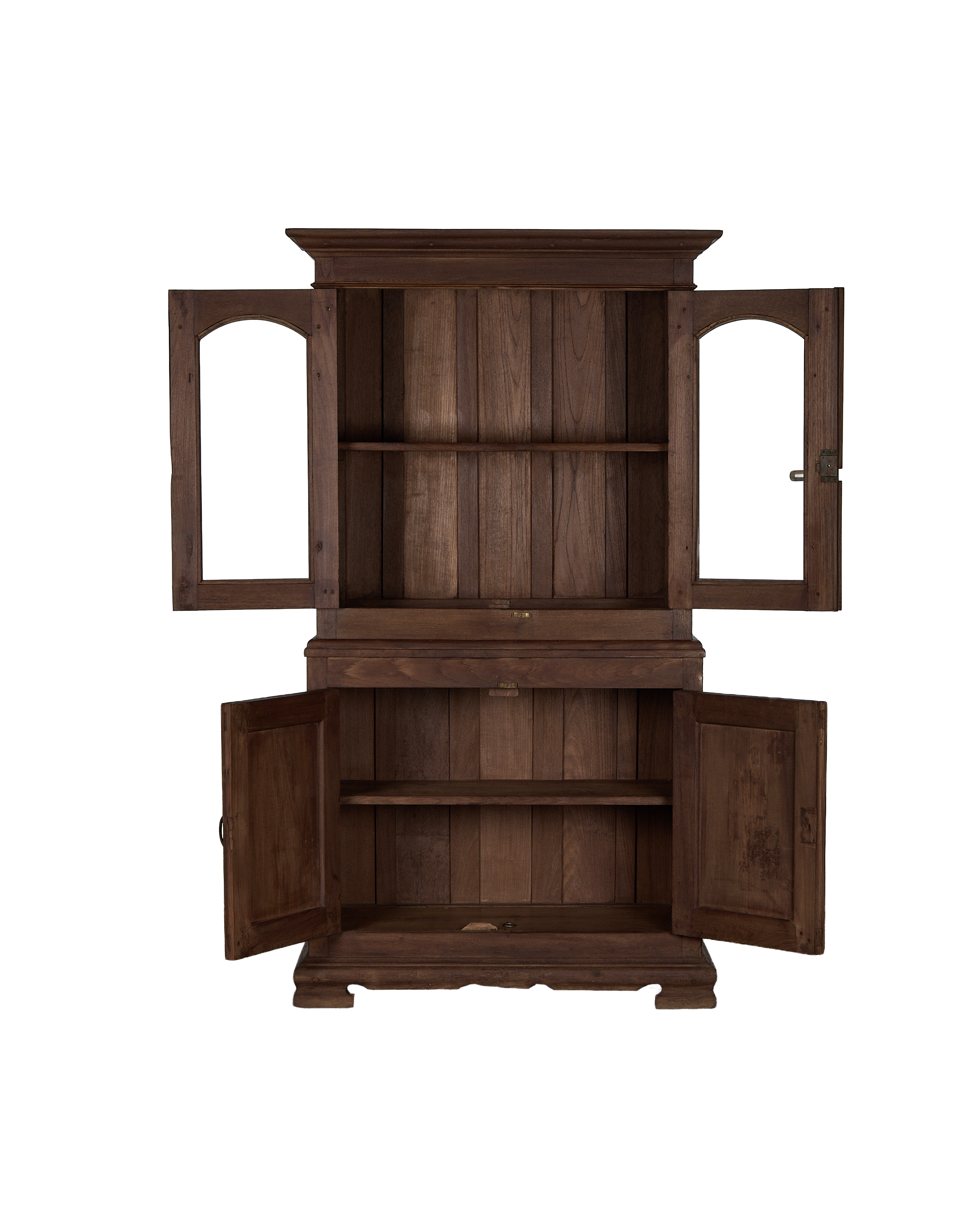 Vintage Indian oak wood cabinet, all doors open, showing shelves and interior grain.