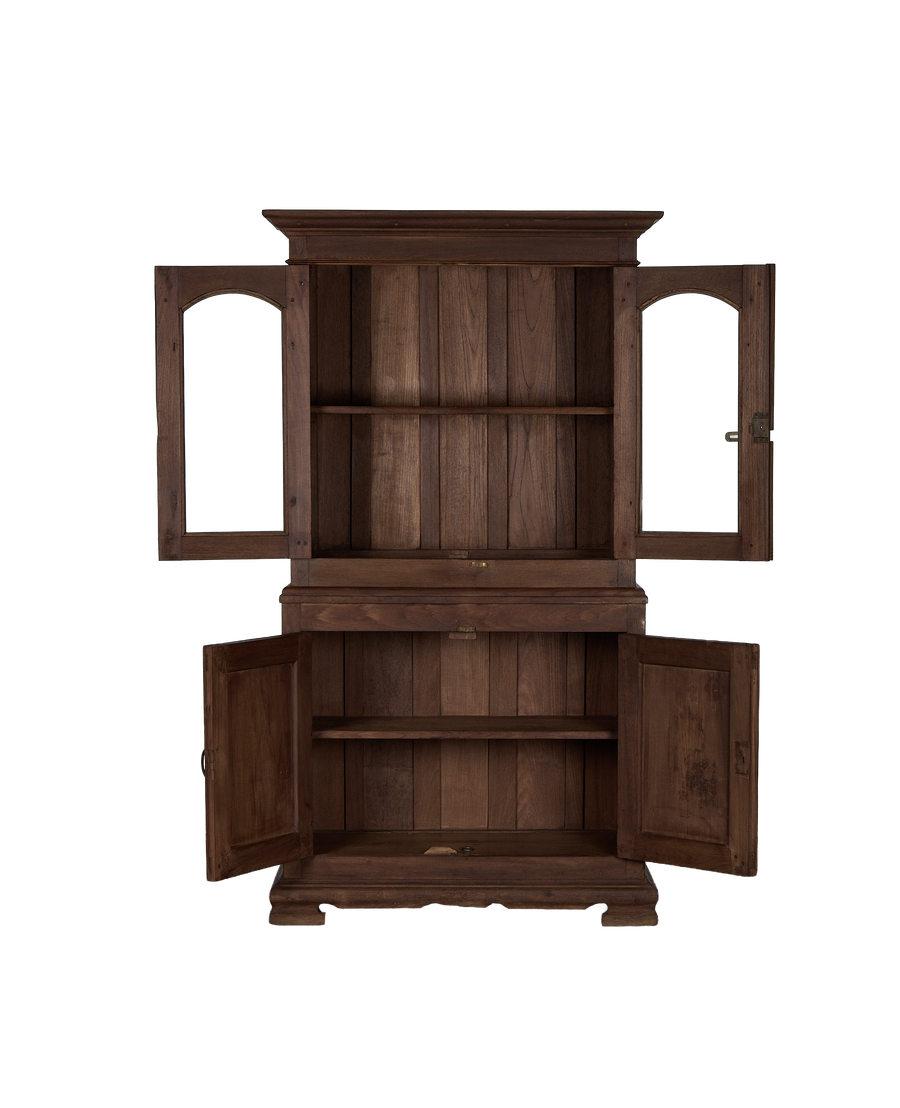 Vintage Indian oak wood cabinet, all doors open, showing shelves and interior grain.