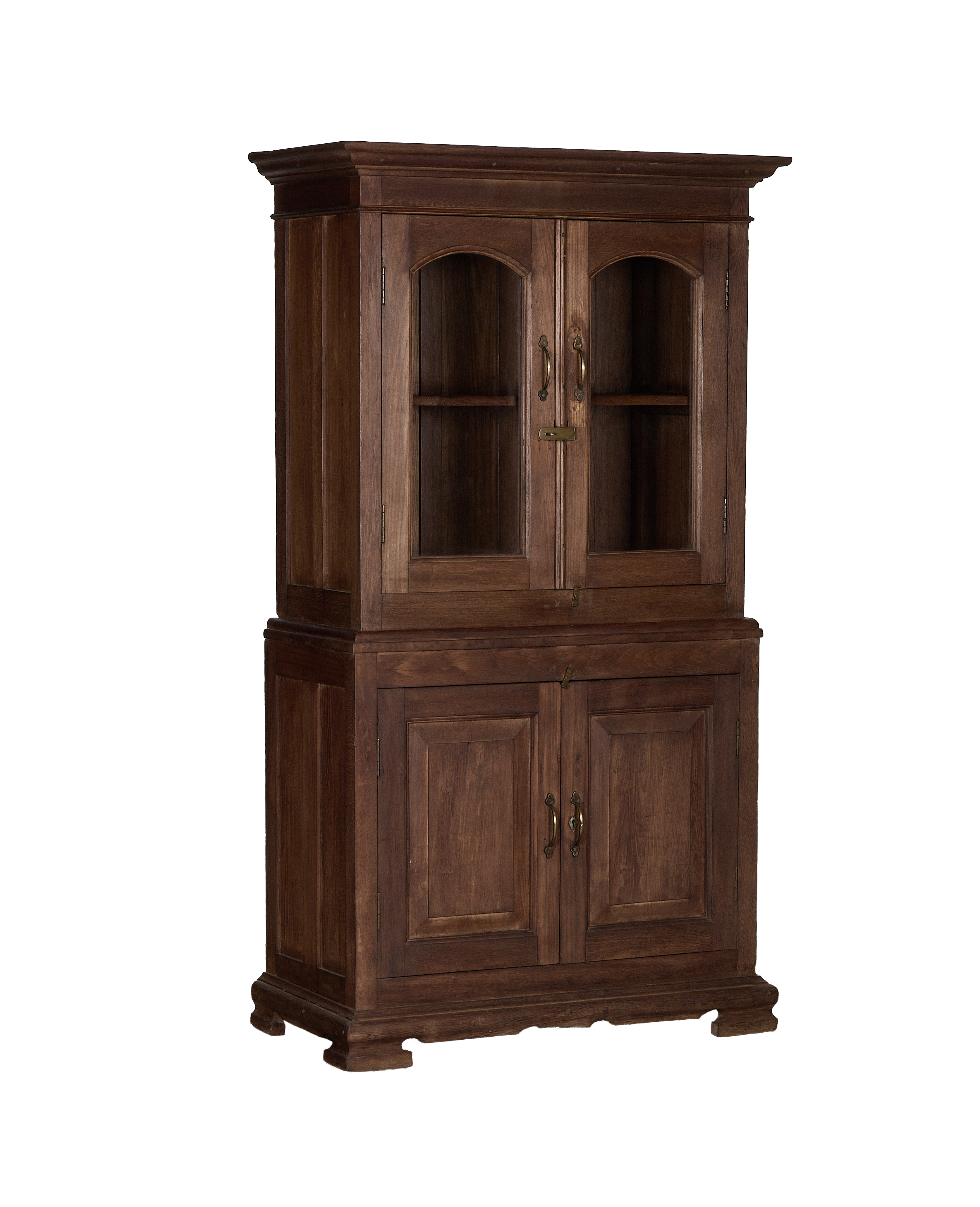Vintage Indian oak cabinet, full frontal view, showing glass and wood doors.