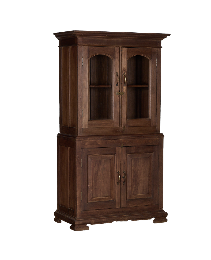 Vintage Indian oak cabinet, full frontal view, showing glass and wood doors.