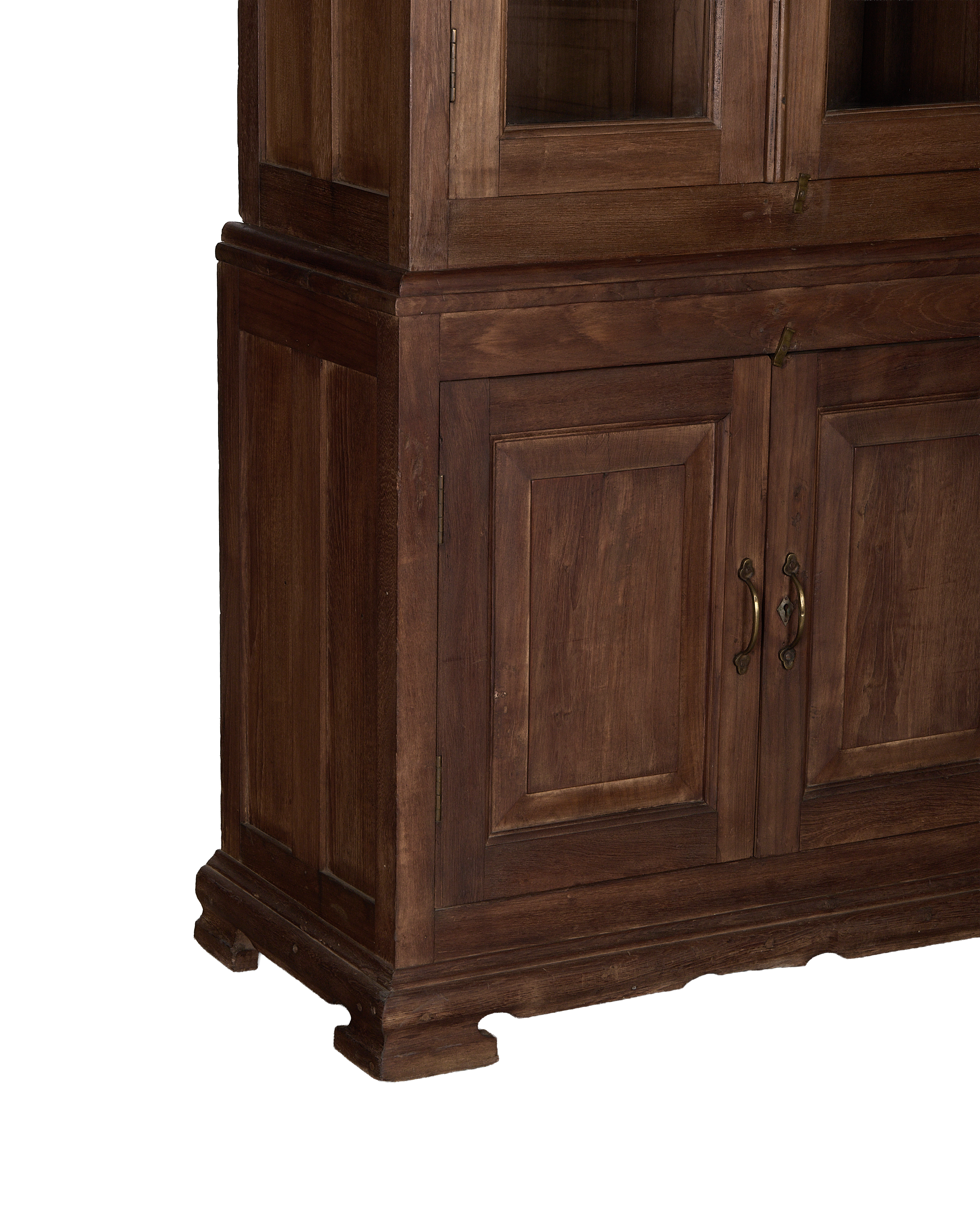 Vintage Indian OAK wood cabinet's lower half, showing paneled doors and brass handles.