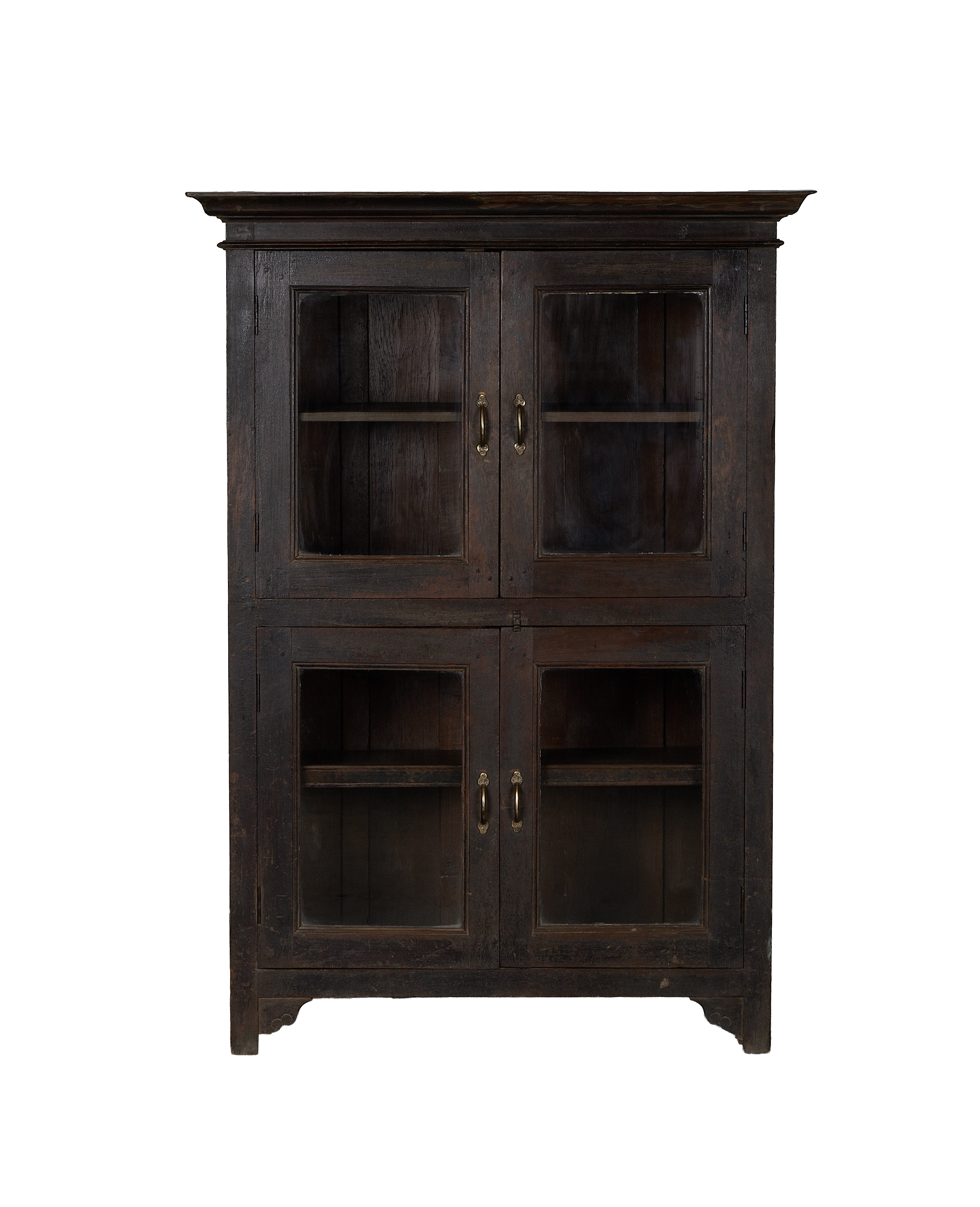 Vintage Indian oak cabinet, four glass panel doors, dark natural wood finish.