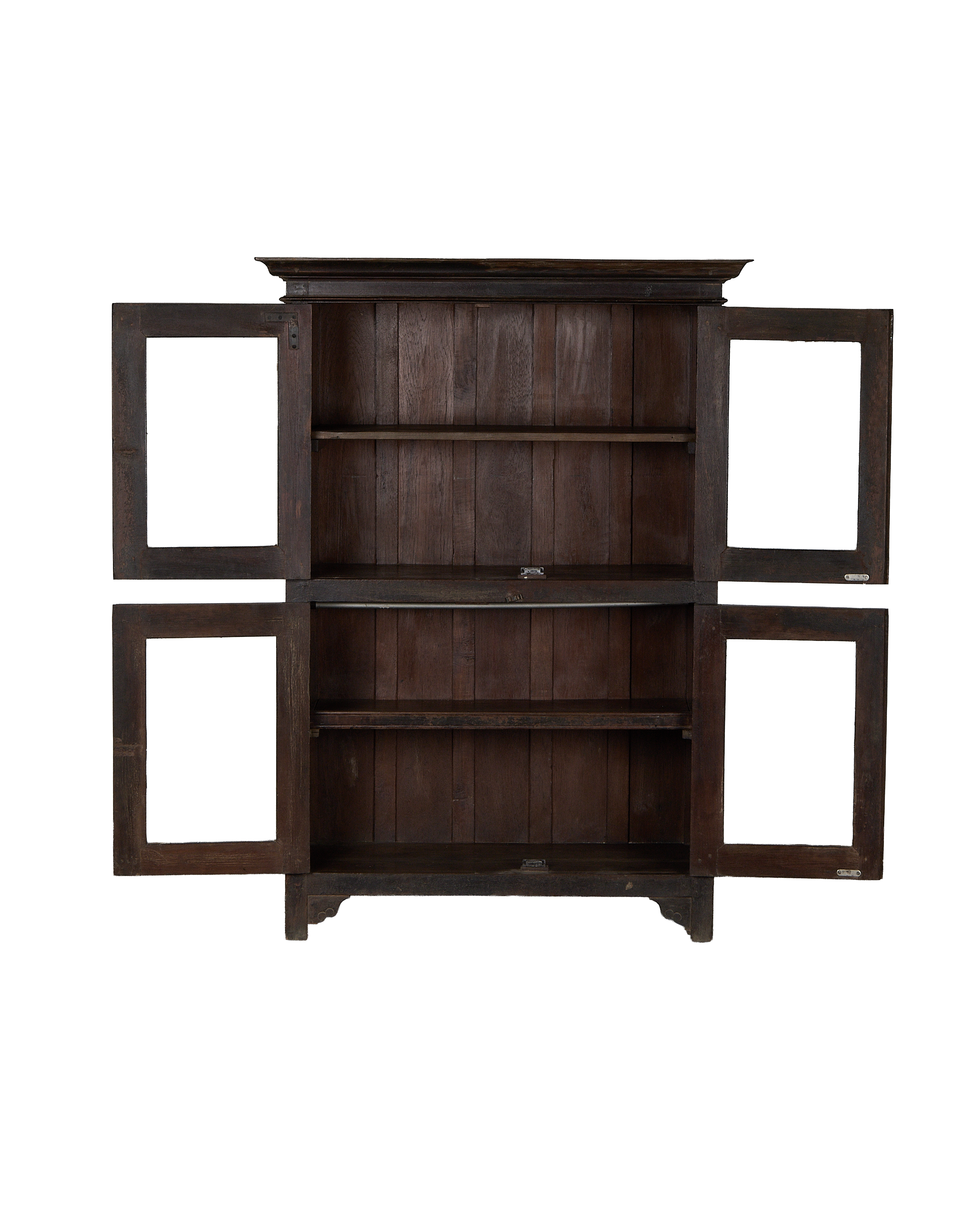 Open doors of vintage Indian oak wood cabinet, showcasing inner shelves and natural dark details.