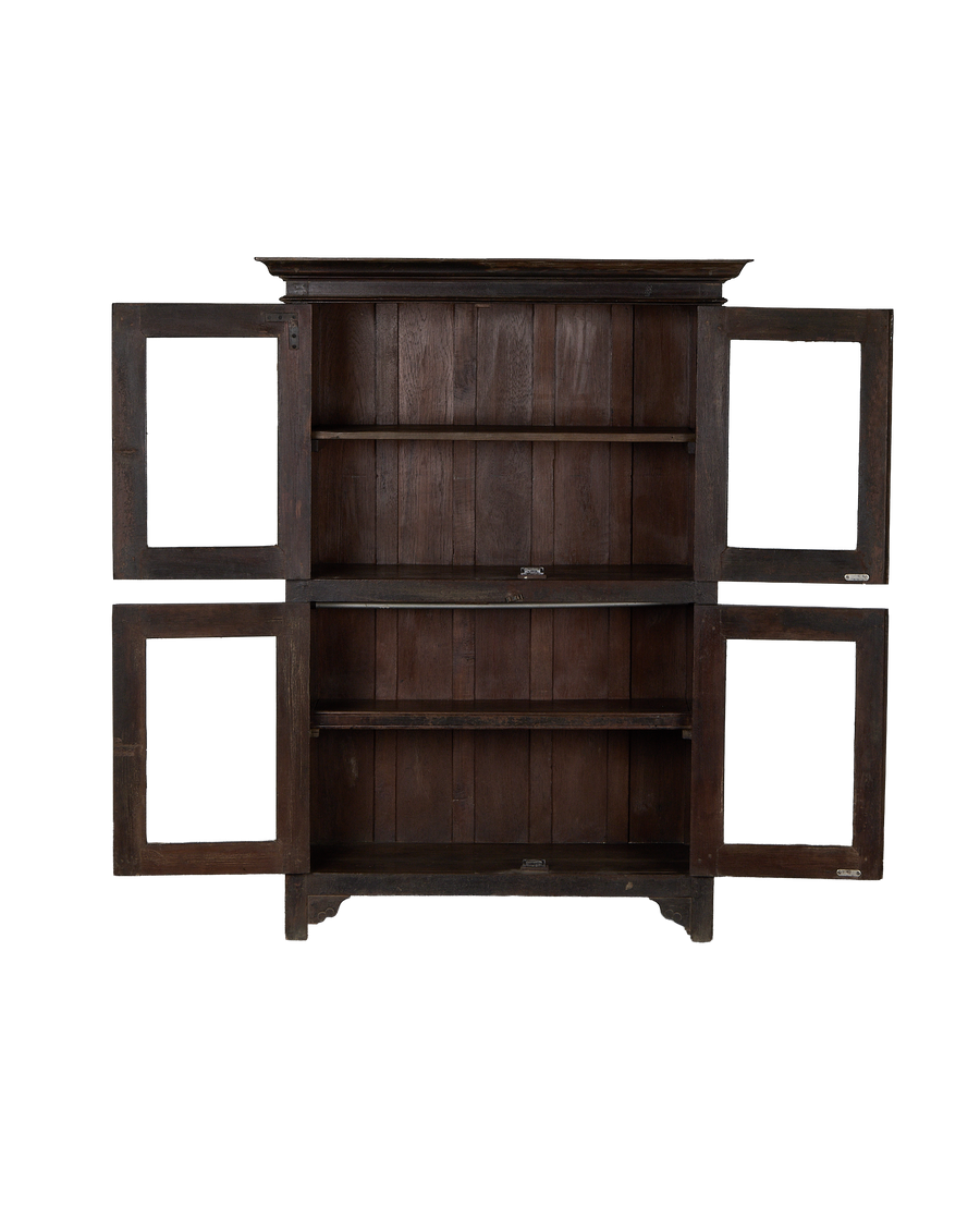 Open doors of vintage Indian oak wood cabinet, showcasing inner shelves and natural dark details.
