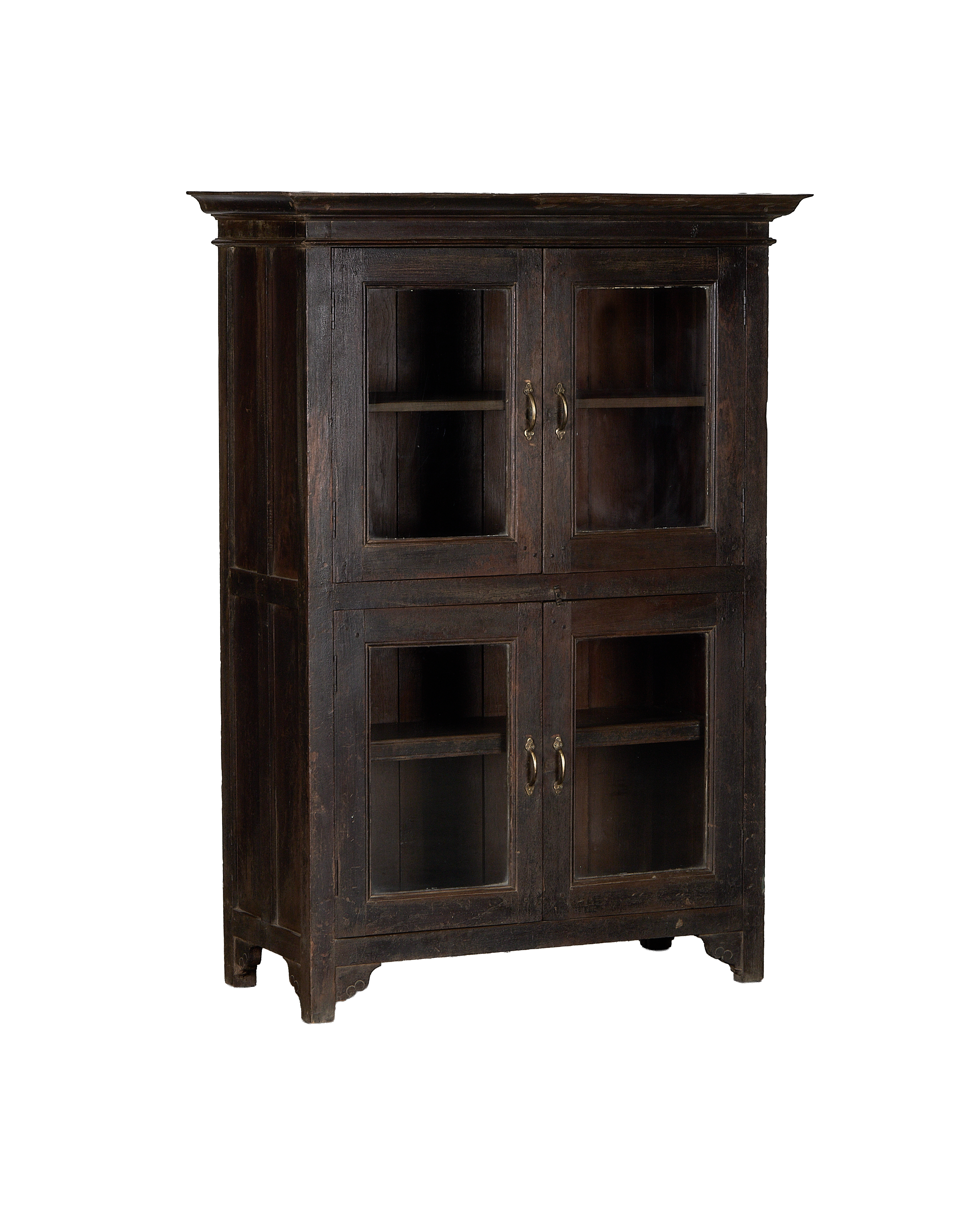 Full-view vintage Indian oak cabinet, dark natural wood, showing brass pulls and glass doors.