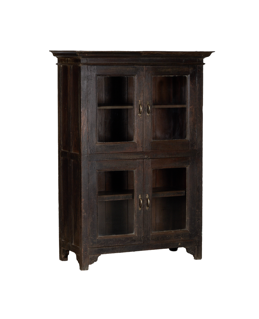 Full-view vintage Indian oak cabinet, dark natural wood, showing brass pulls and glass doors.