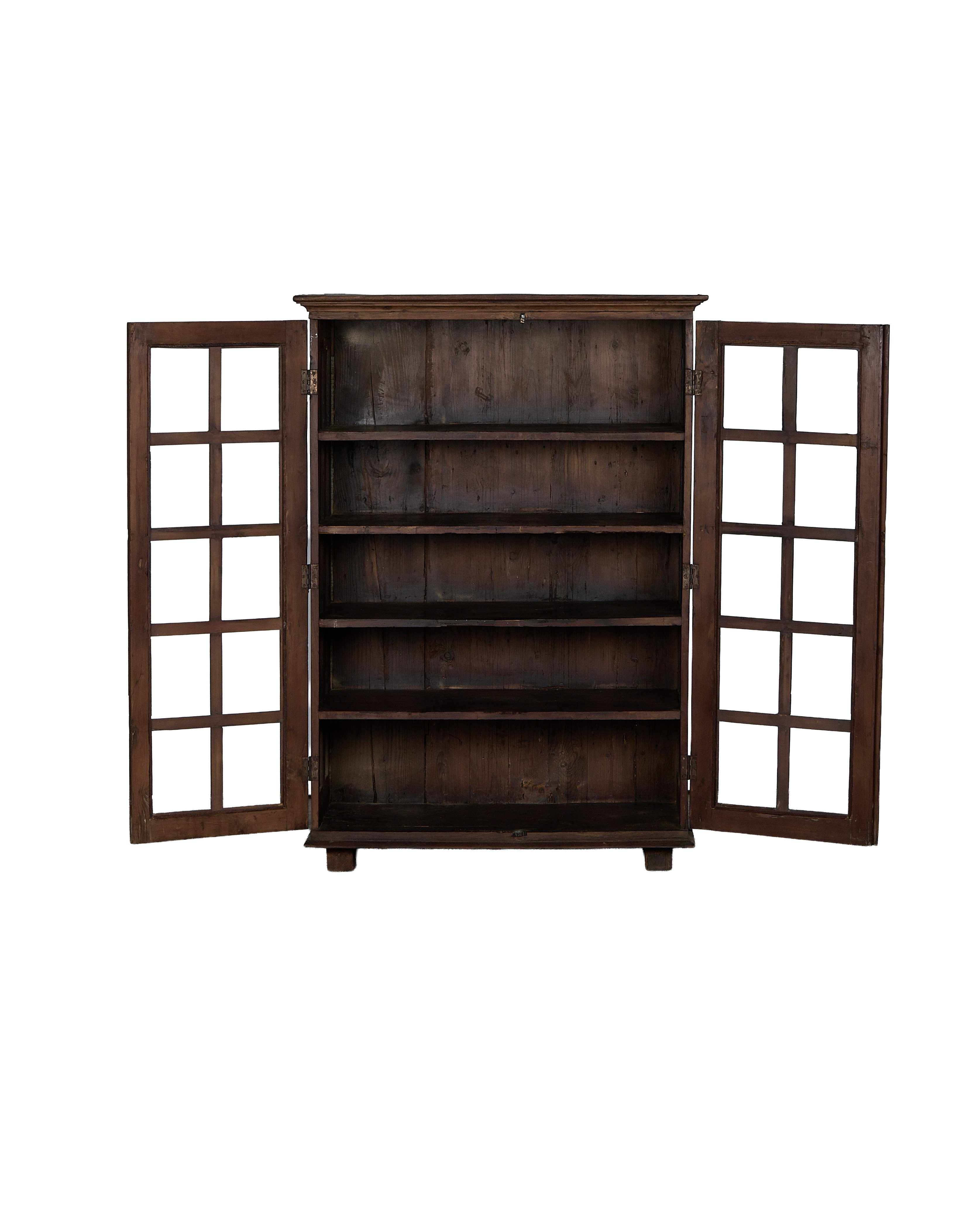 Open vintage Indian oak wood cabinet with clear glass doors and empty shelves.