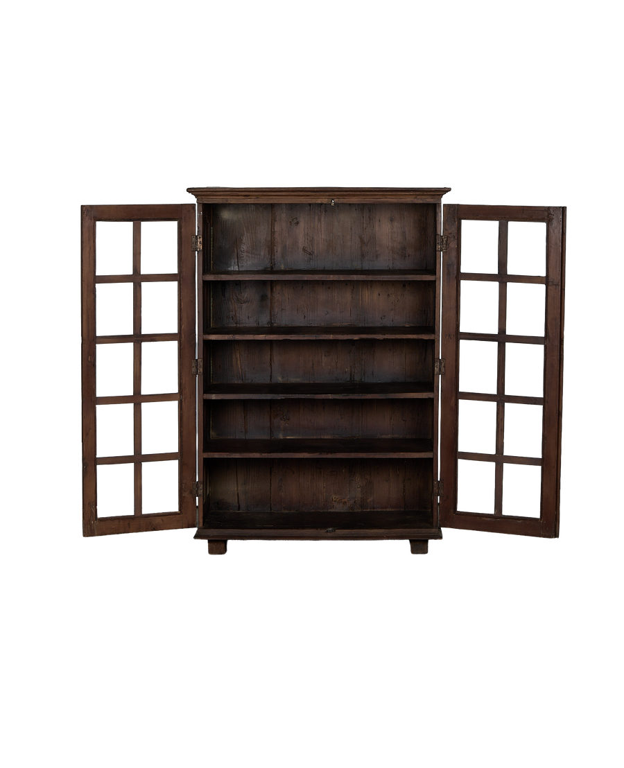 Open vintage Indian oak wood cabinet with clear glass doors and empty shelves.