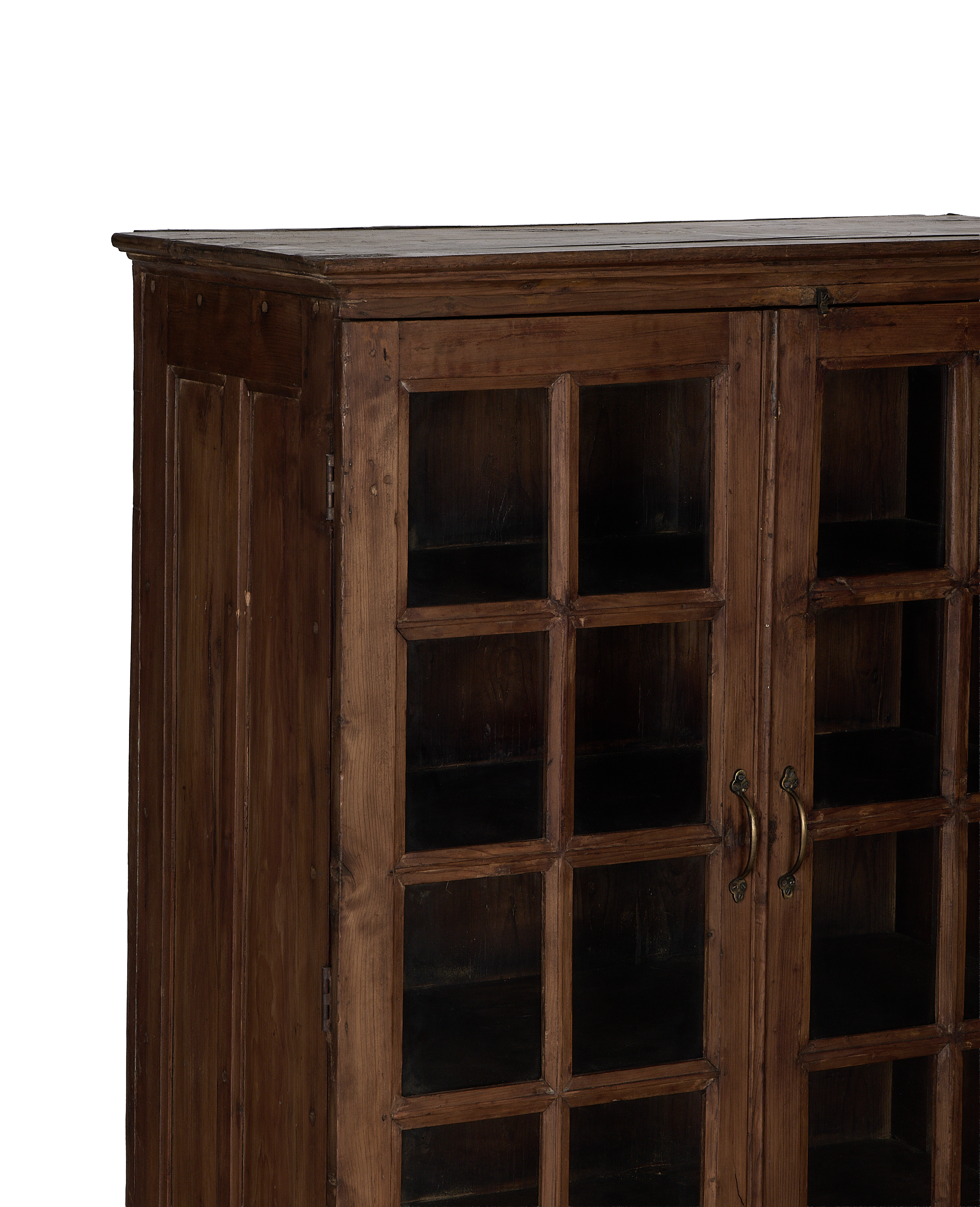 Vintage natural oak cabinet from India, showcasing detailed glass doors and aged top.