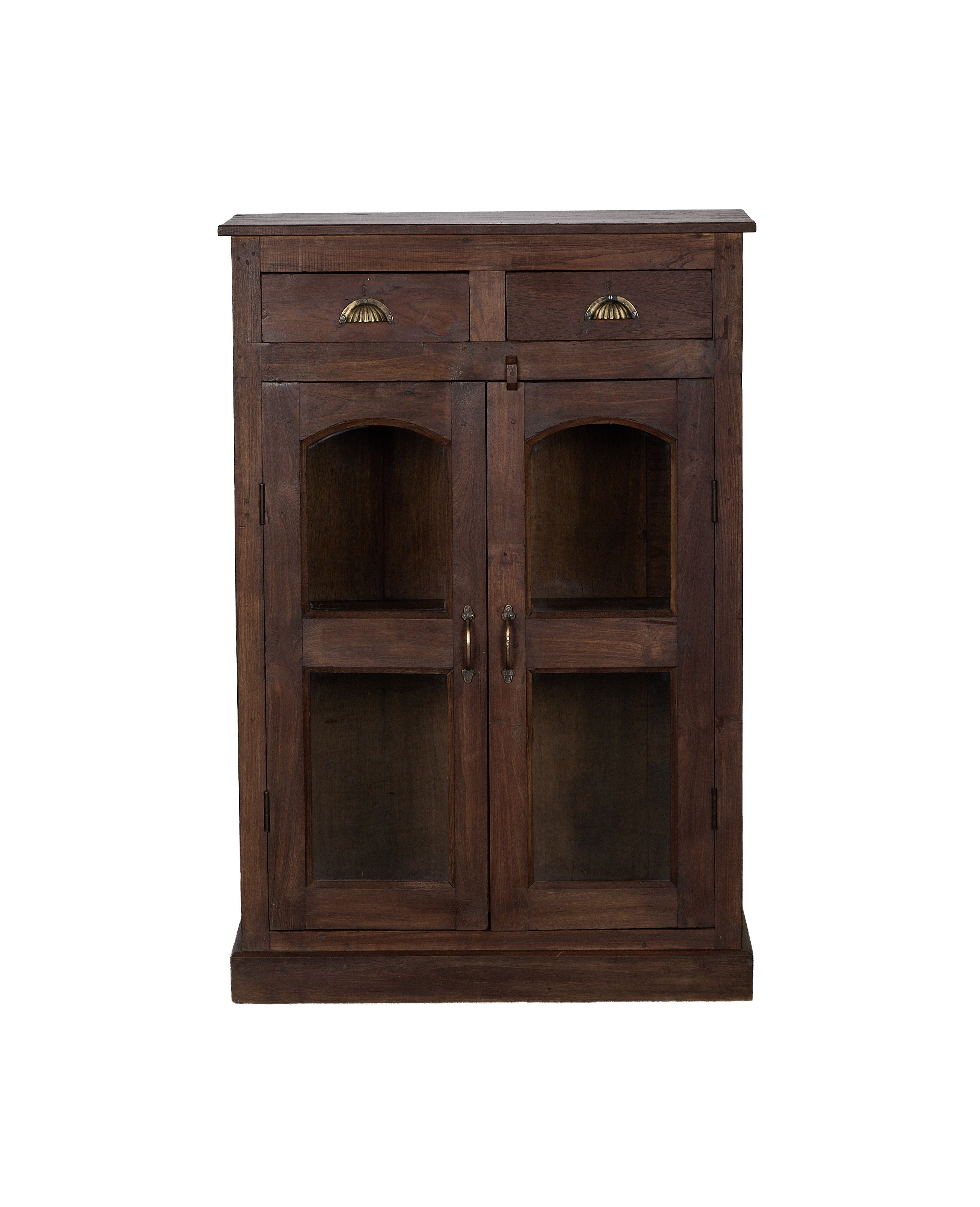 Vintage Indian oak wood cabinet, natural finish, two drawers, glass panel doors.