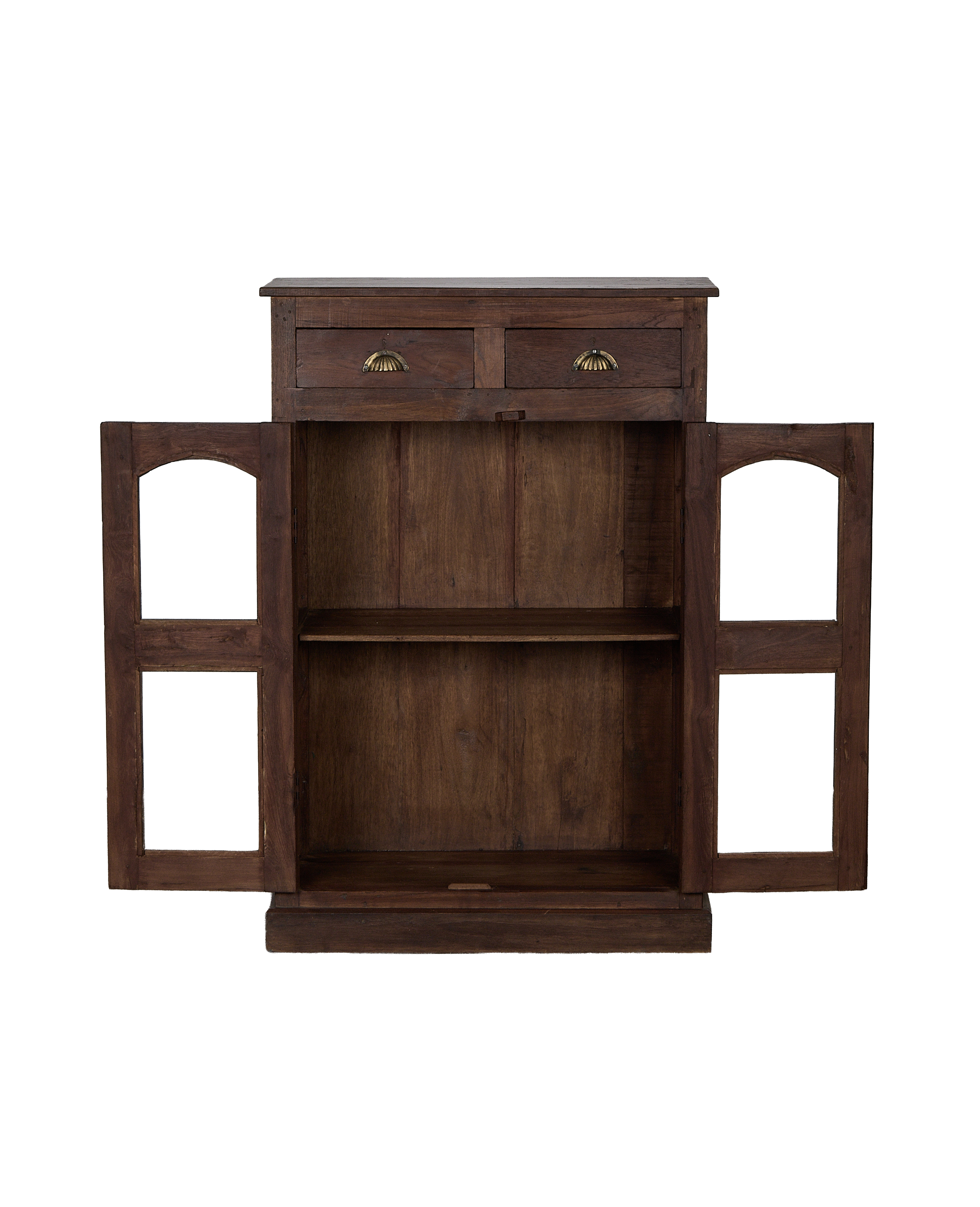 Vintage Indian oak cabinet with two drawers and open doors, revealing an interior shelf.