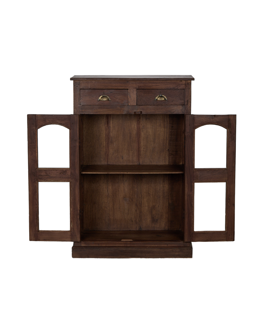 Vintage Indian oak cabinet with two drawers and open doors, revealing an interior shelf.