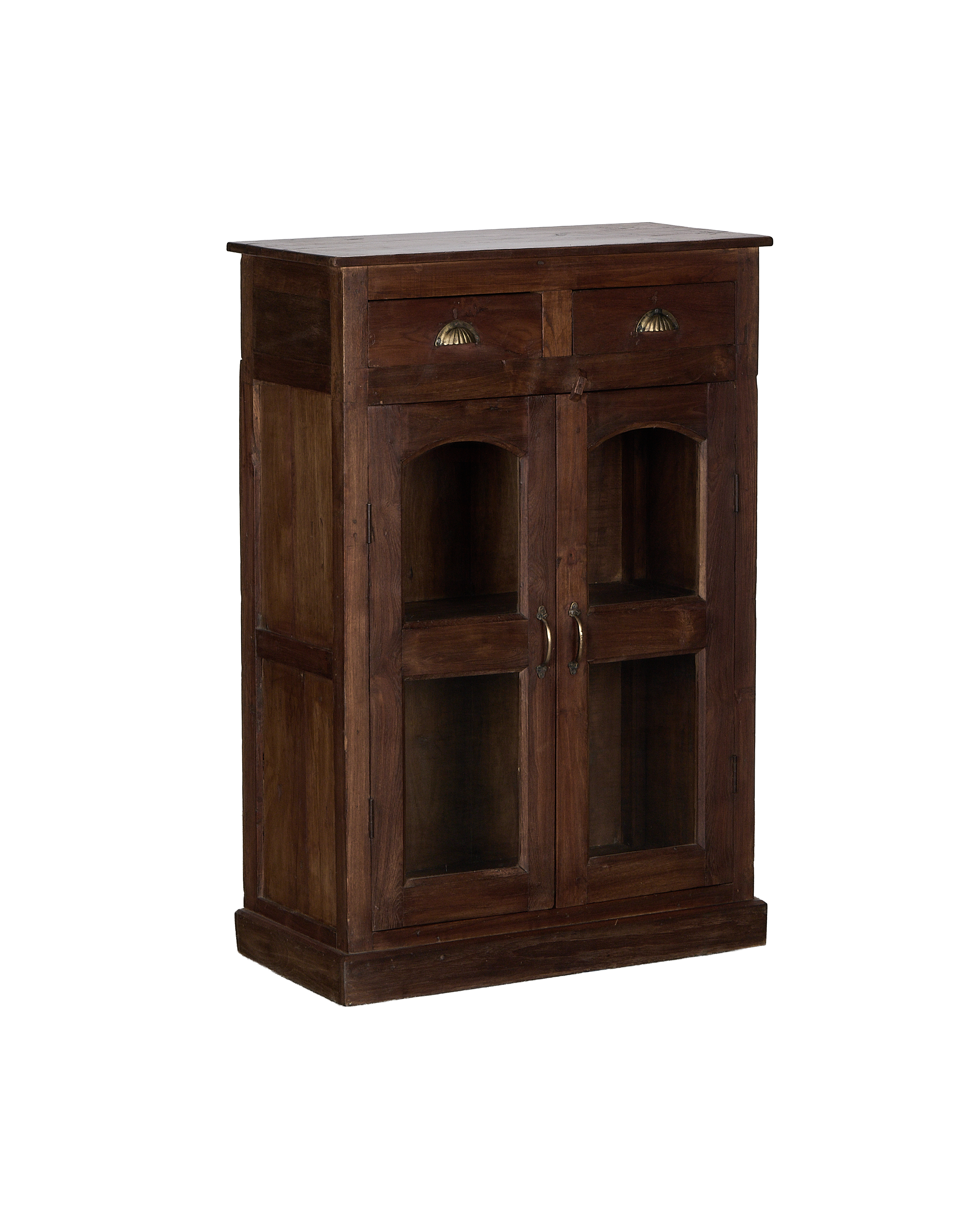 Vintage Indian oak cabinet angled view, showing two drawers and glass-paneled doors.