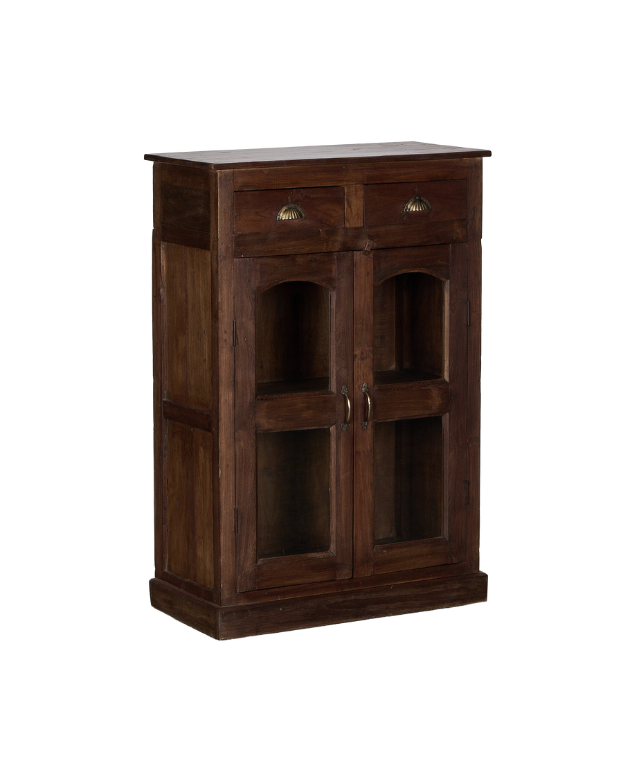 Vintage Indian oak cabinet angled view, showing two drawers and glass-paneled doors.