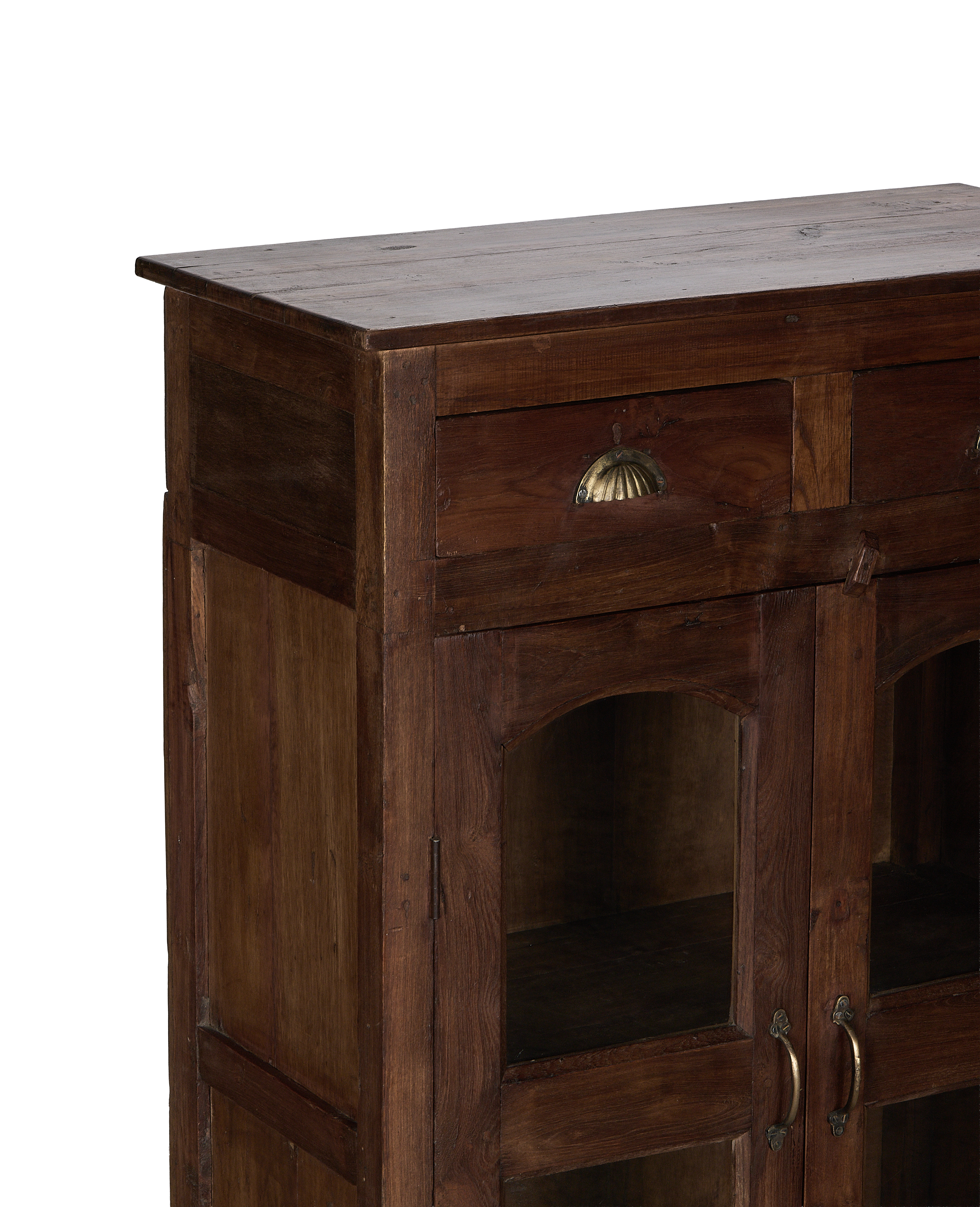 Vintage Indian oak cabinet featuring two drawers with brass pulls, visible top grain.