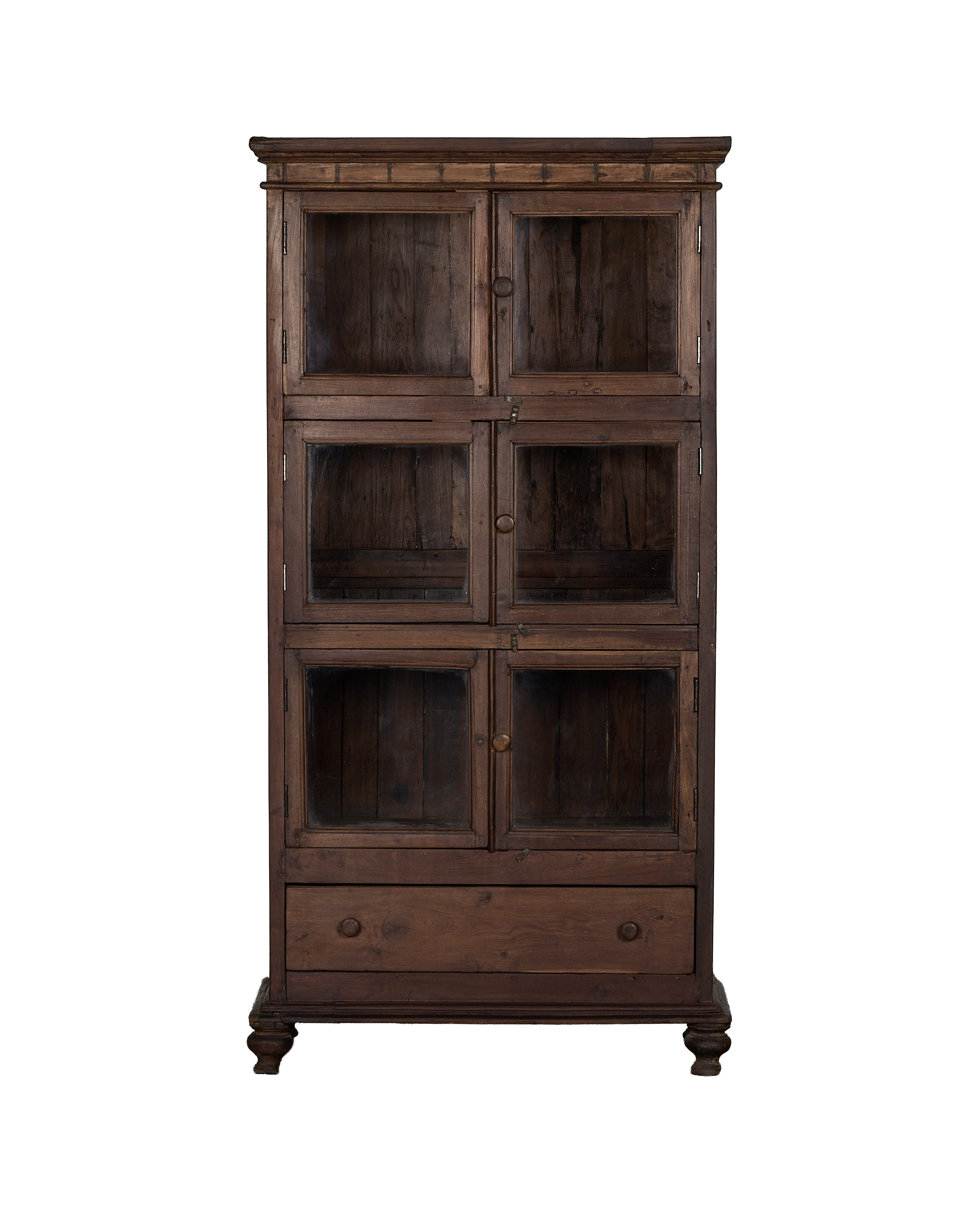 Vintage Indian oak wood cabinet, natural finish, featuring glass doors and bottom drawer.