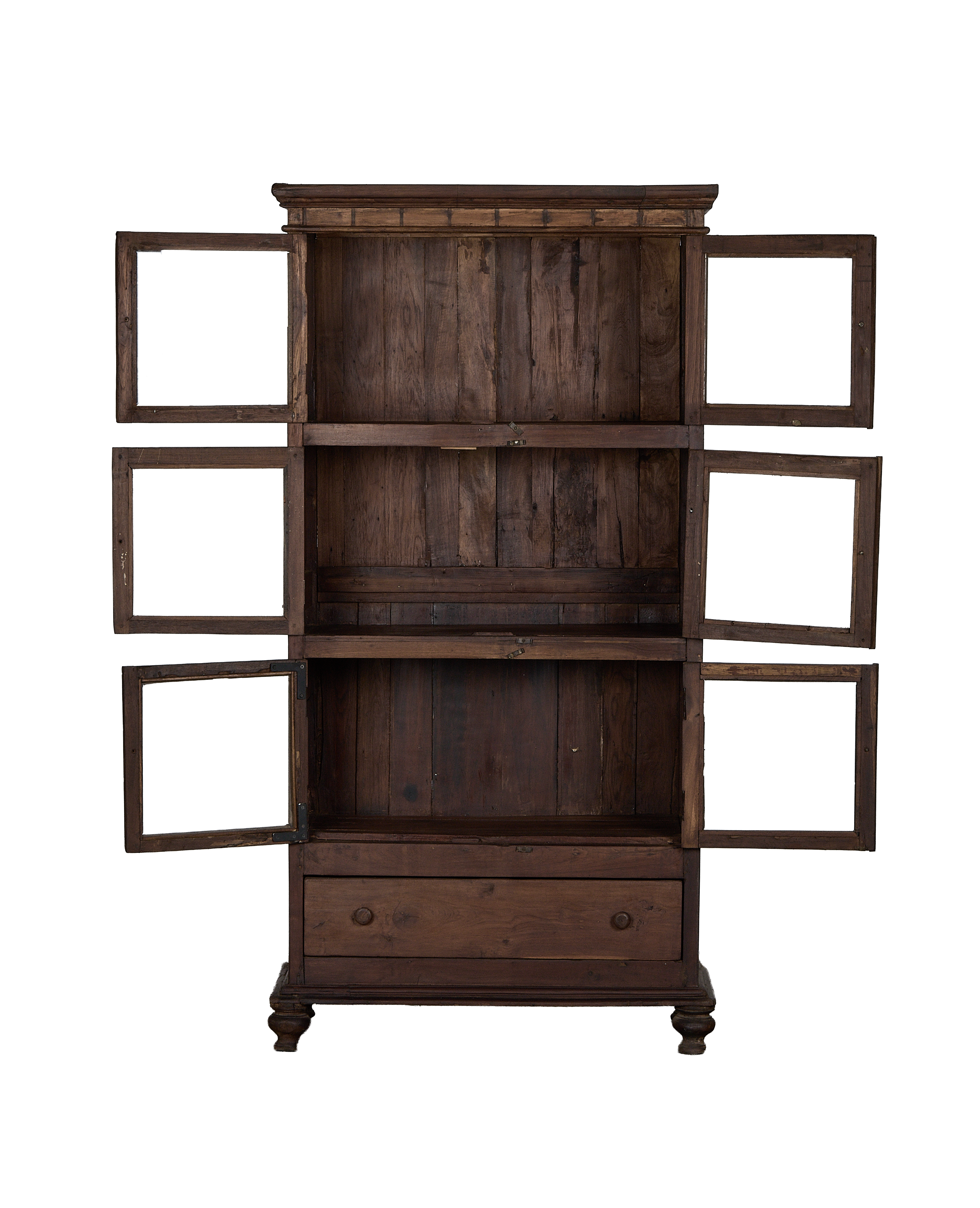 Vintage Indian oak cabinet, doors open showcasing interior shelves and single drawer.