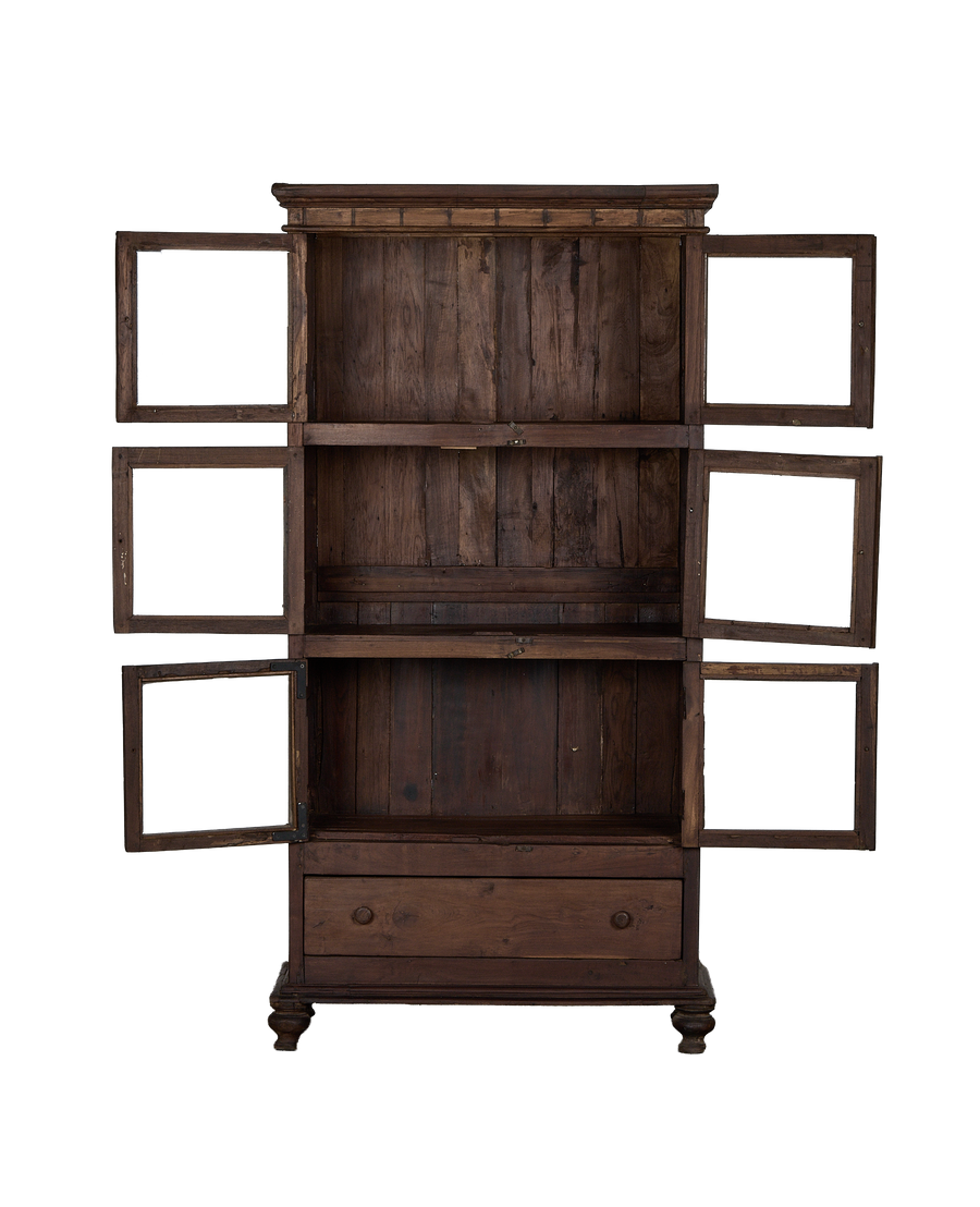 Vintage Indian oak cabinet, doors open showcasing interior shelves and single drawer.