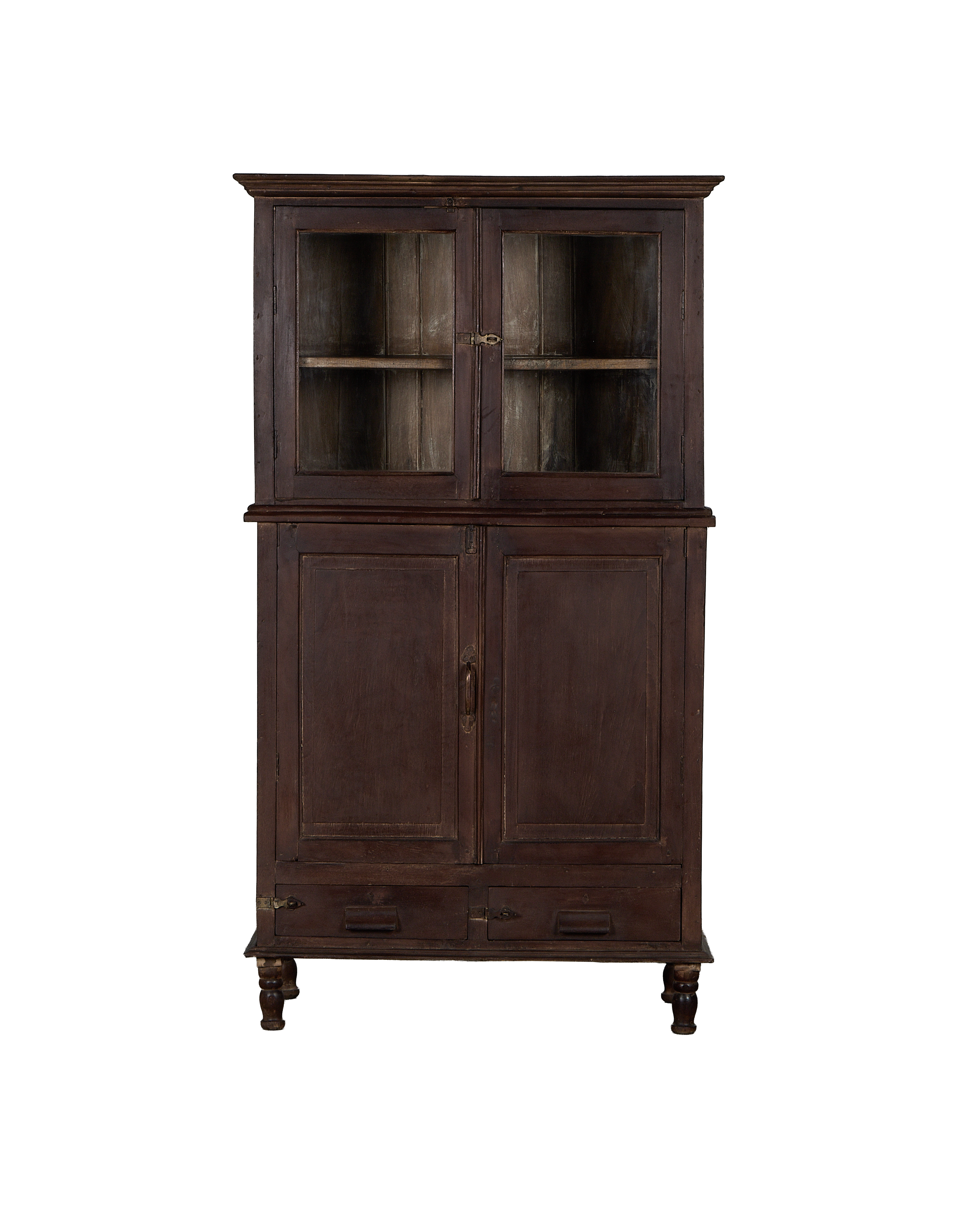 Vintage Indian oak cabinet, dark stained with glass doors, two lower drawers.
