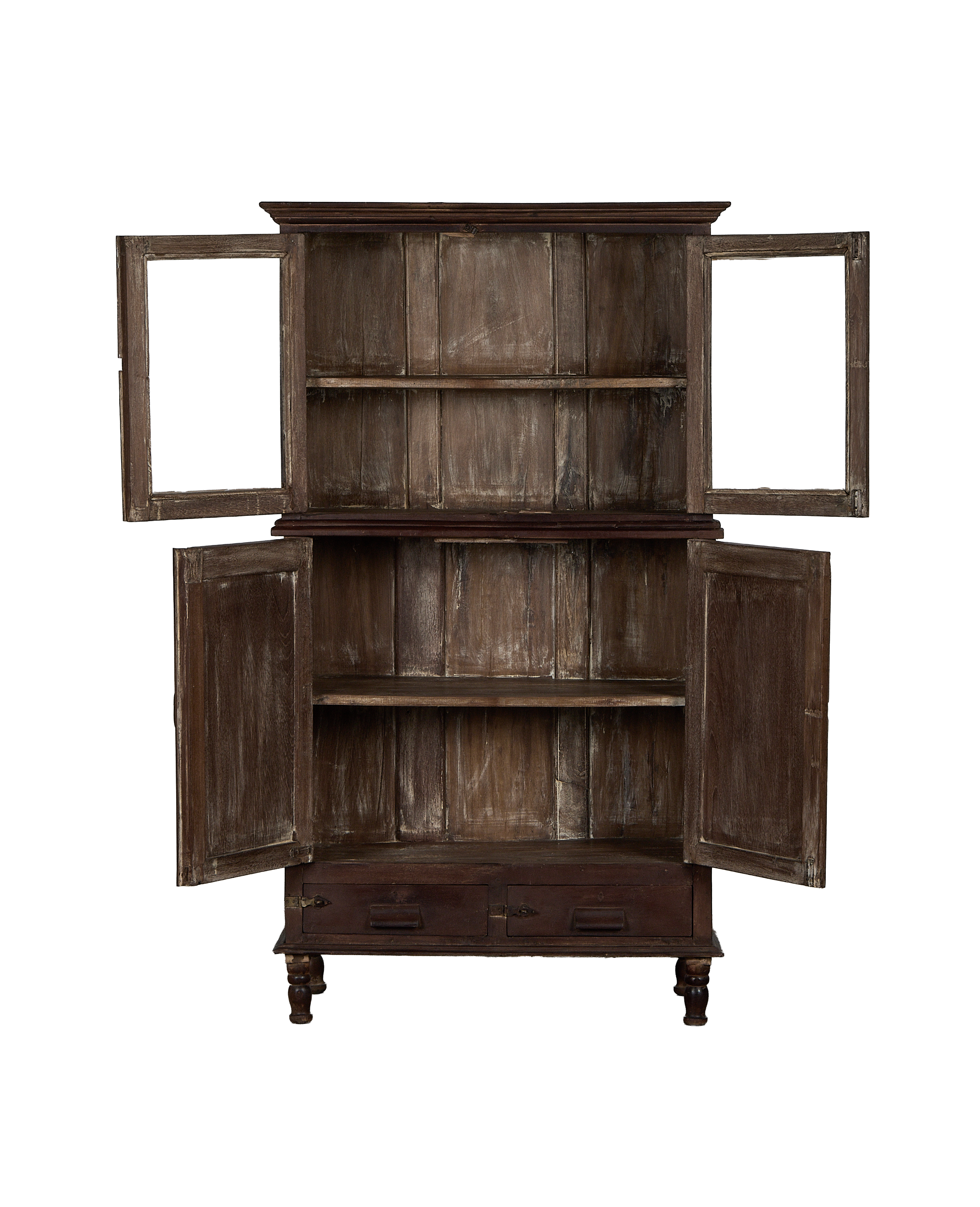 Vintage Indian oak wood cabinet, open doors revealing shelves and distressed stained finish.