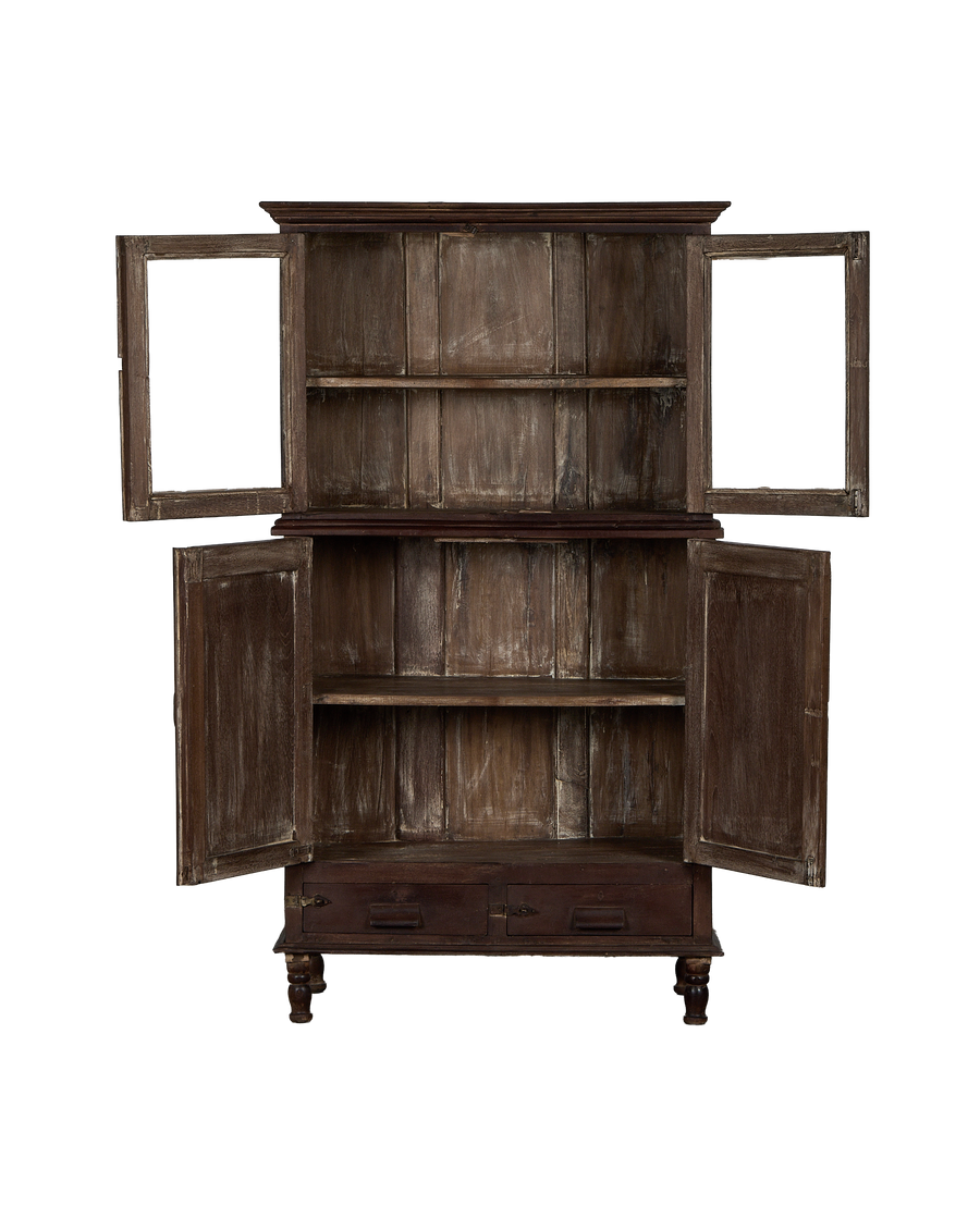 Vintage Indian oak wood cabinet, open doors revealing shelves and distressed stained finish.