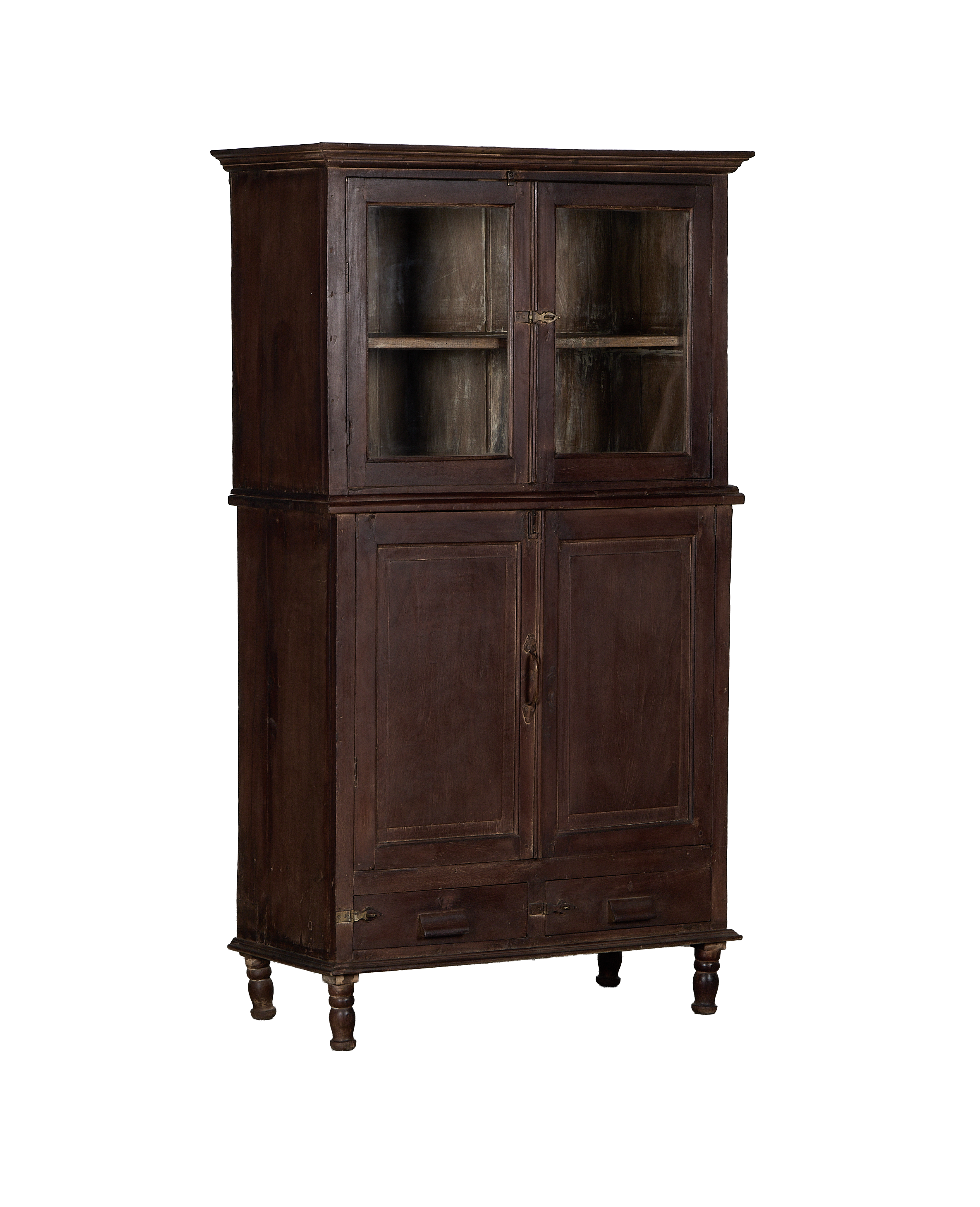 Vintage Indian oak cabinet, full frontal view, showing glass-paned upper doors.