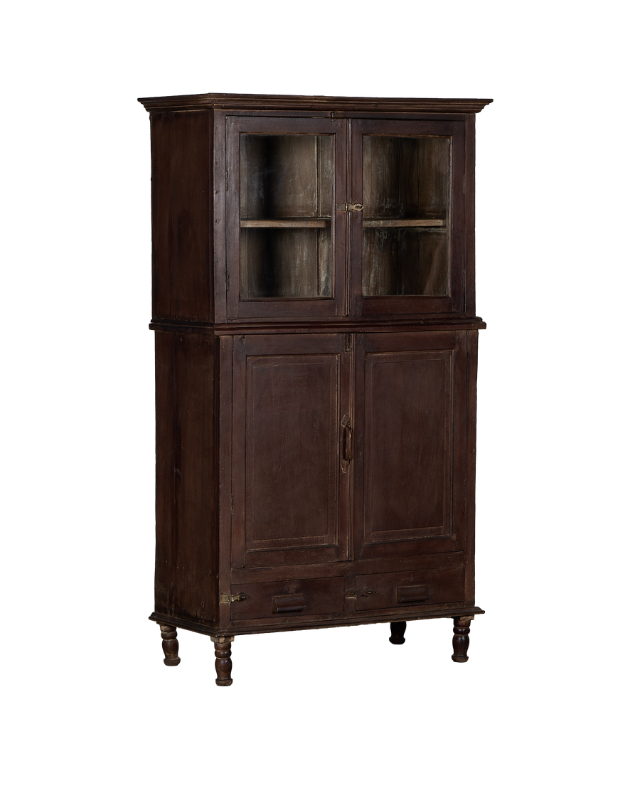 Vintage Indian oak cabinet, full frontal view, showing glass-paned upper doors.
