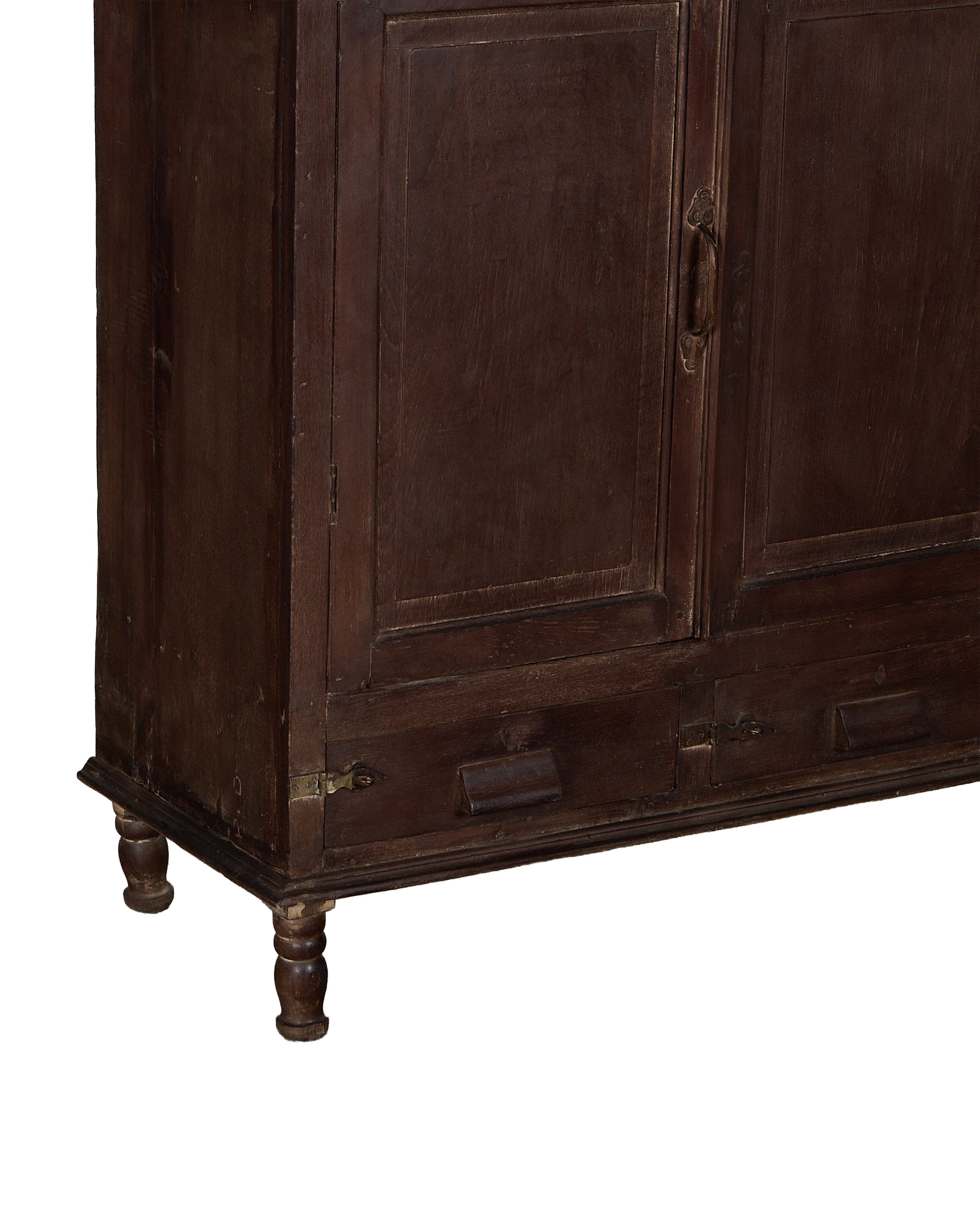 Vintage Indian stained oak cabinet with doors, brass latch, single pull-out drawer, and turned legs.