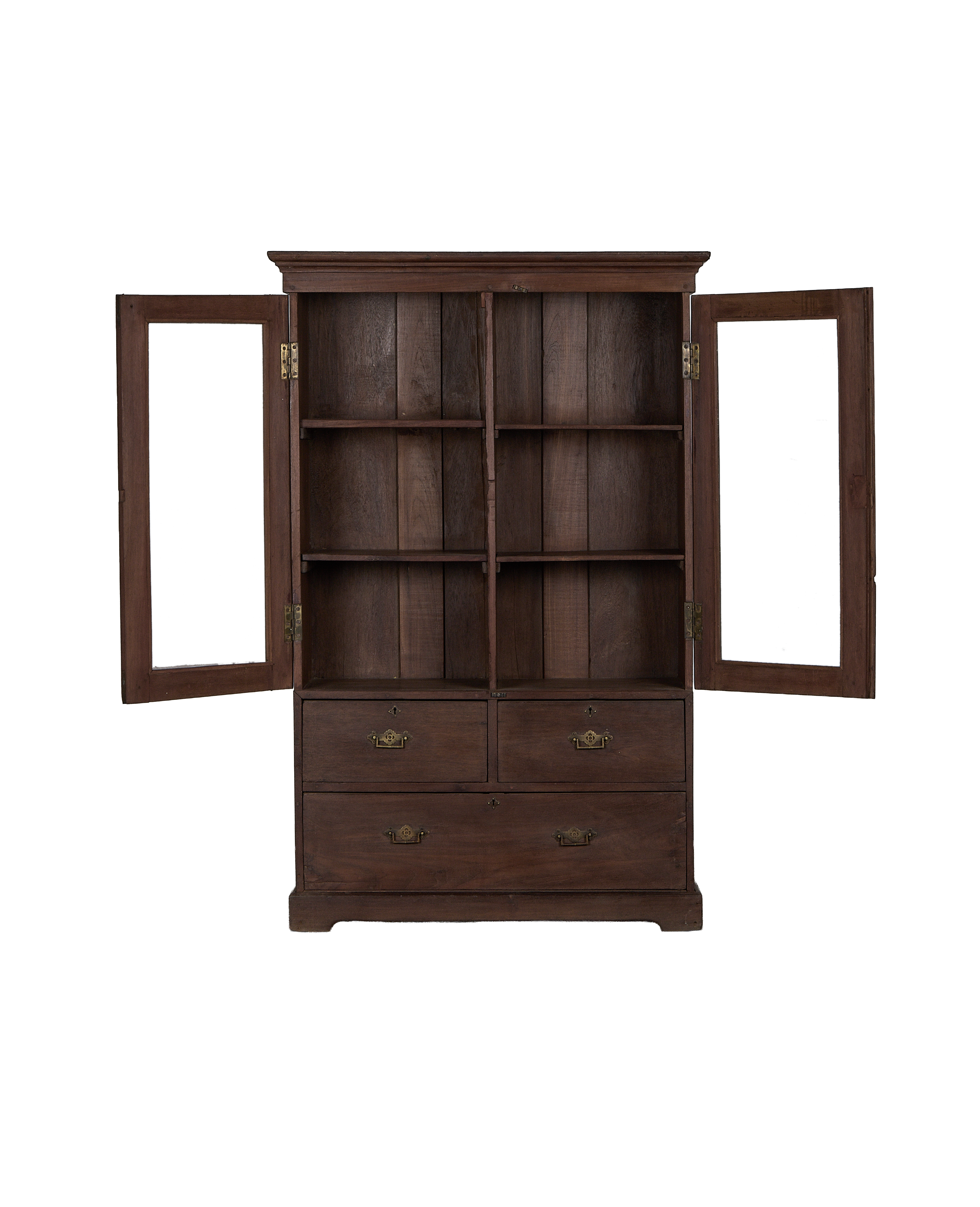 Vintage Indian oak wood cabinet with open glass doors, revealing interior shelves and drawers.