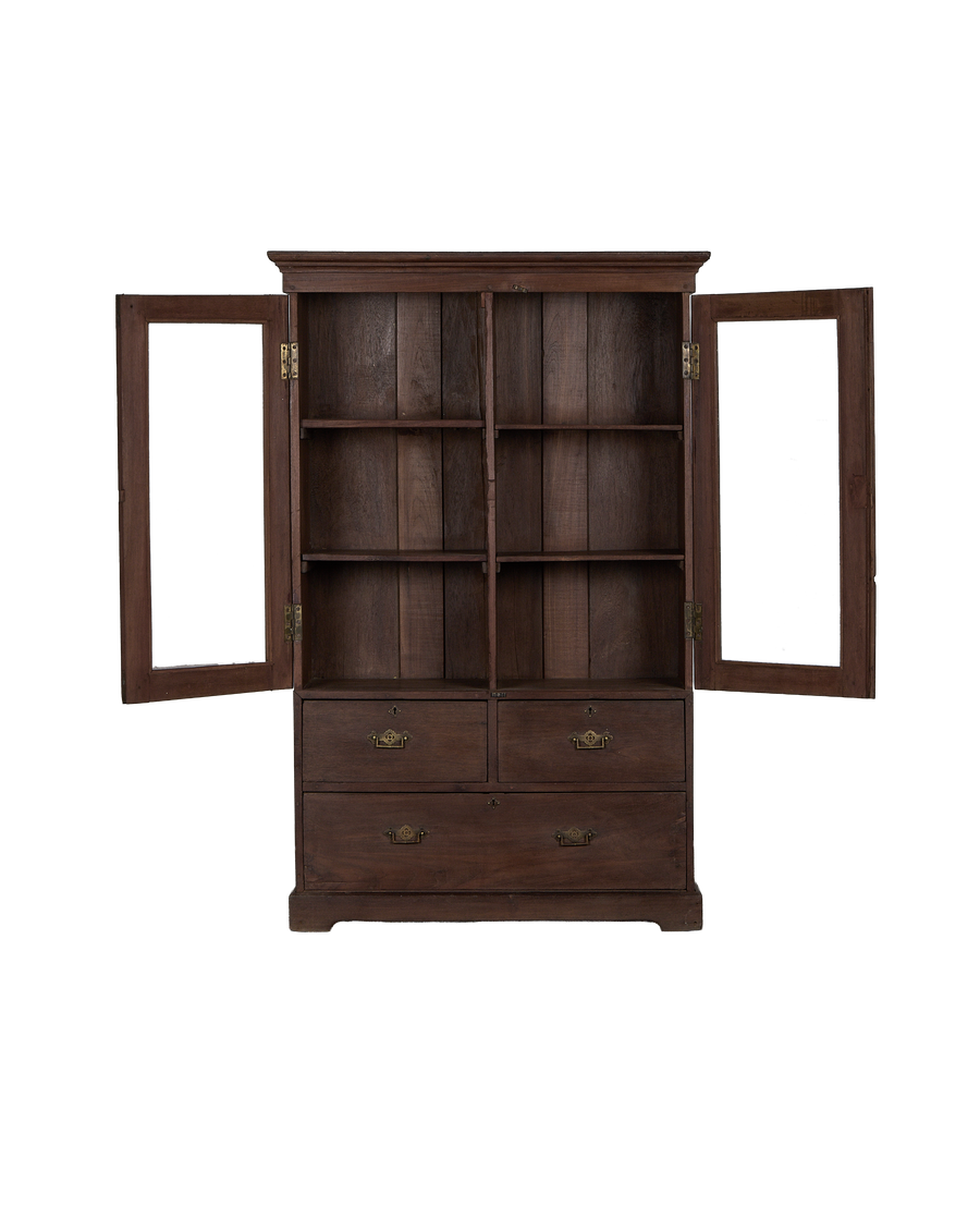 Vintage Indian oak wood cabinet with open glass doors, revealing interior shelves and drawers.