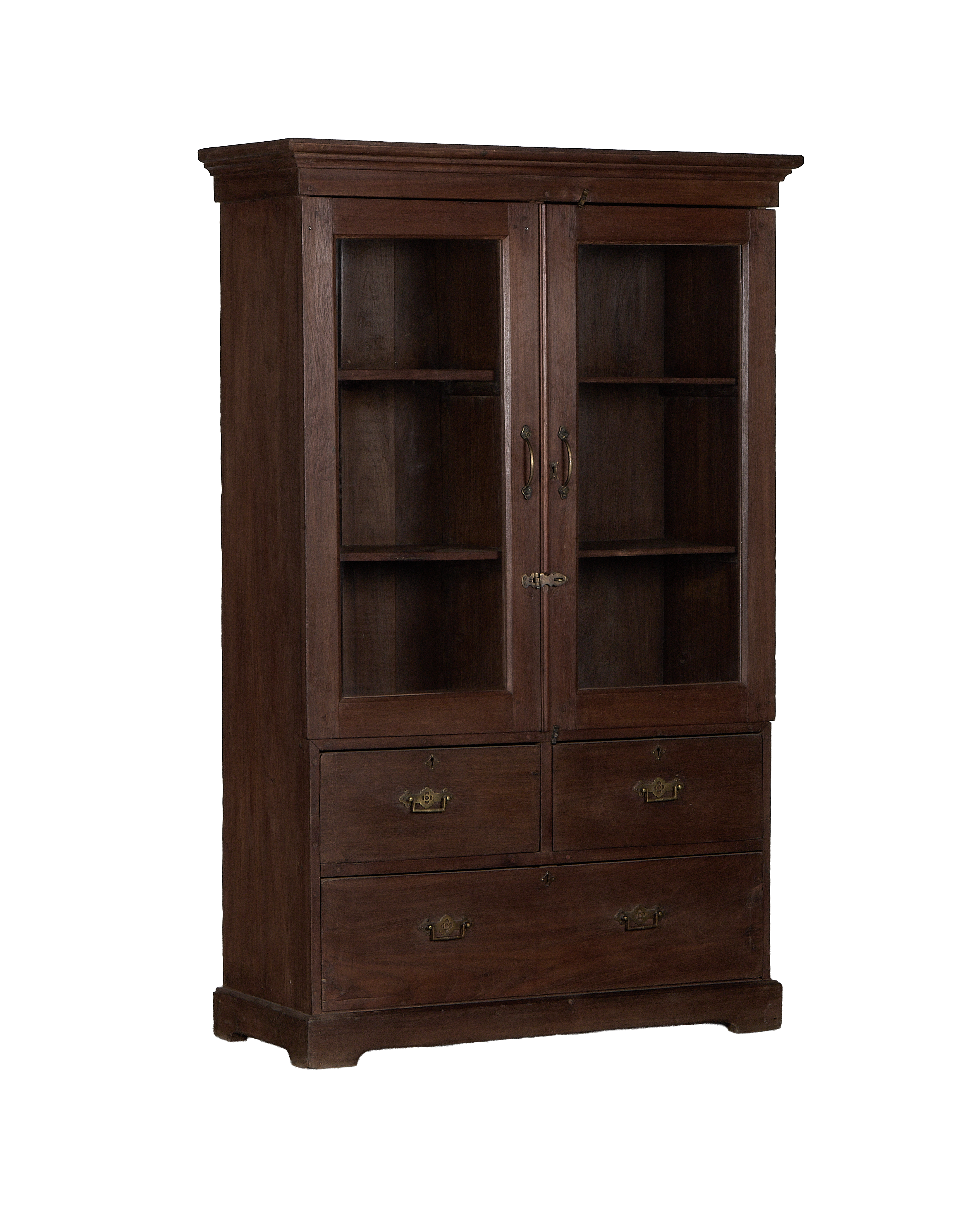 Vintage Indian oak curio cabinet, natural wood, with glass doors and brass pulls.