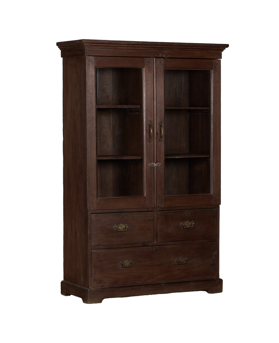 Vintage Indian oak curio cabinet, natural wood, with glass doors and brass pulls.