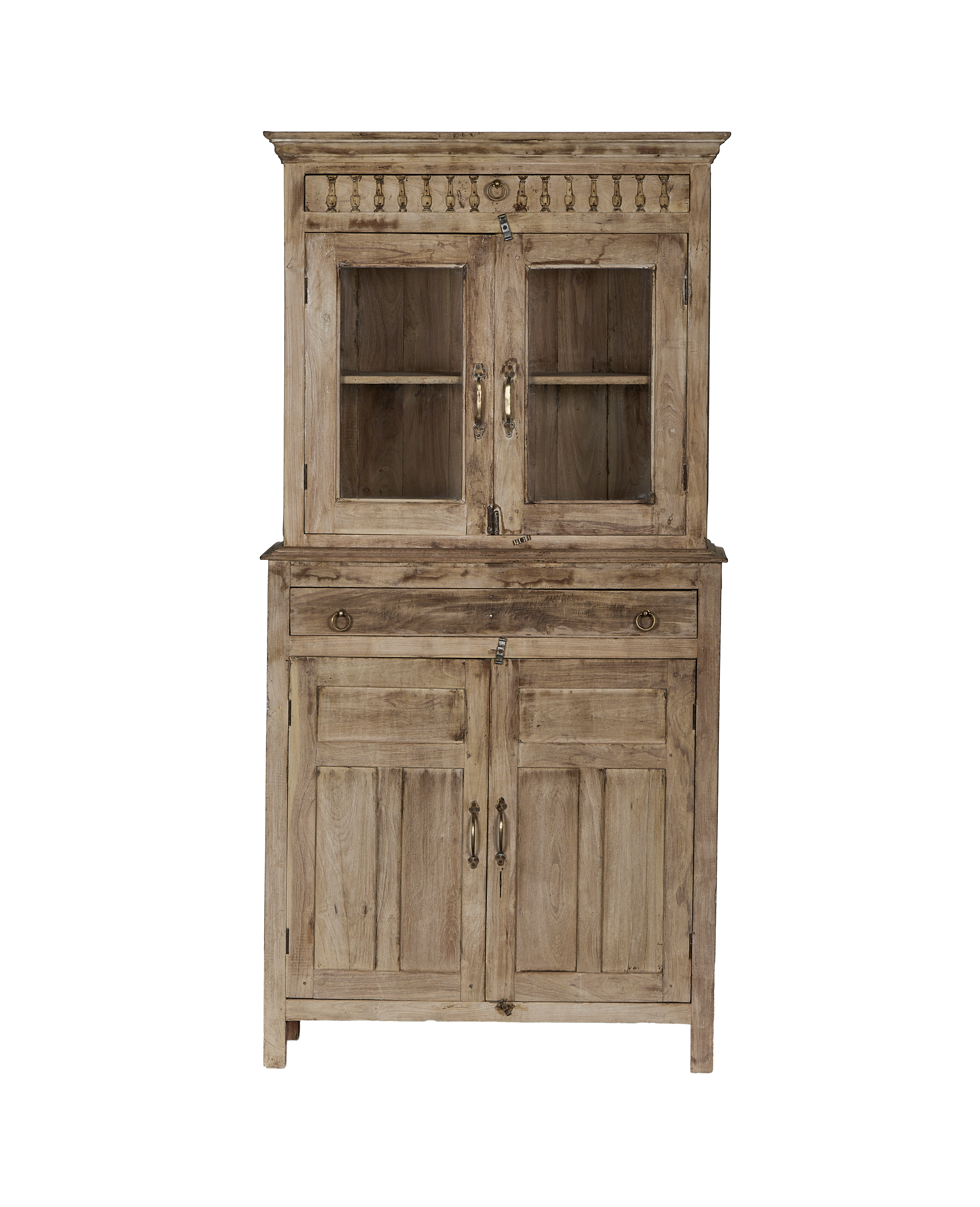 Vintage bleached oak wood cabinet from India with glass doors and decorative top.