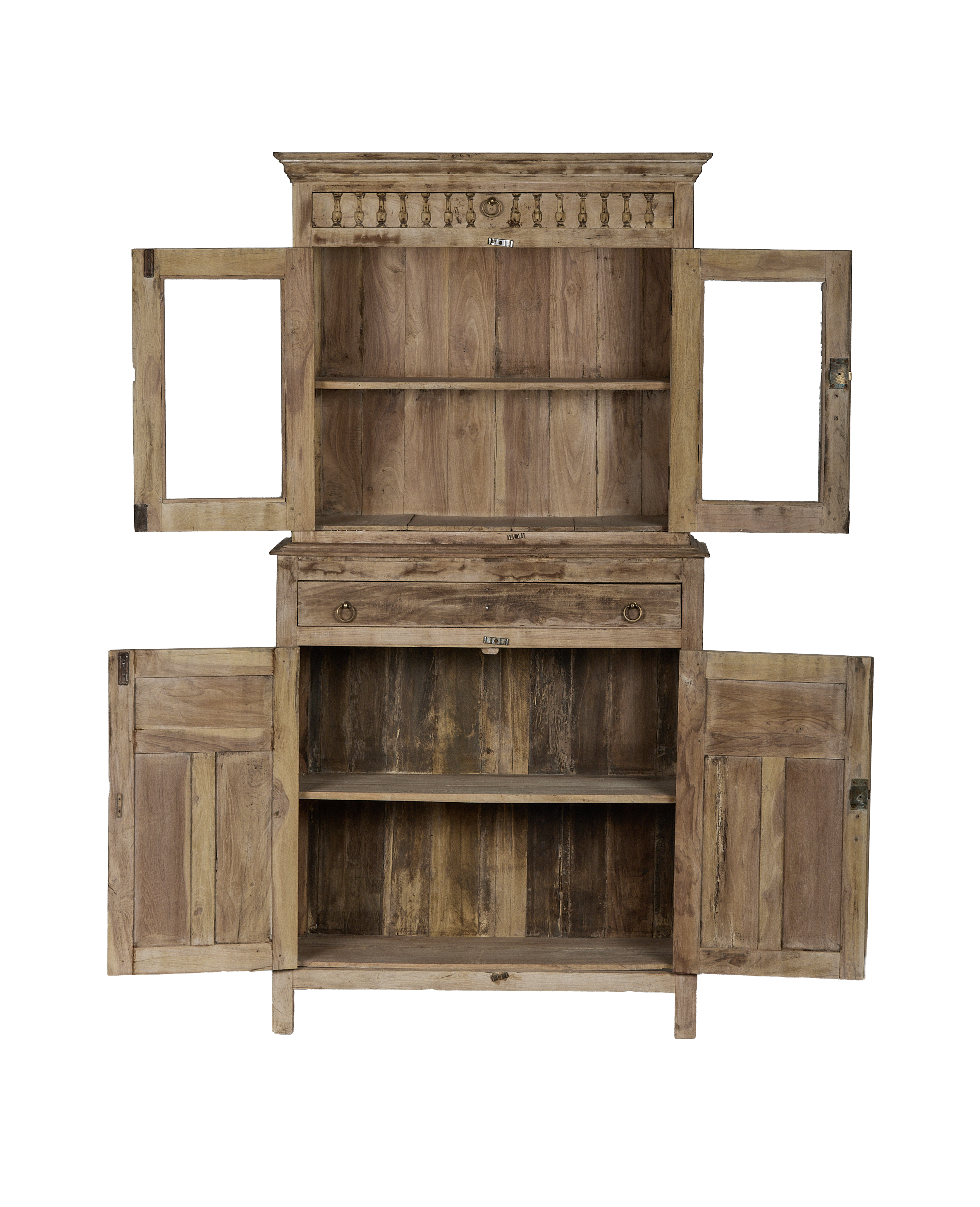Vintage bleached oak cabinet from India, all doors open revealing shelves and interiors.