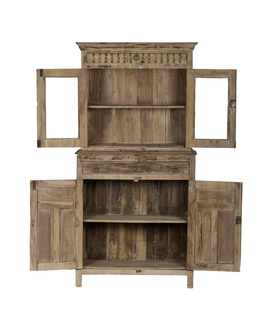 Vintage bleached oak cabinet from India, all doors open revealing shelves and interiors.