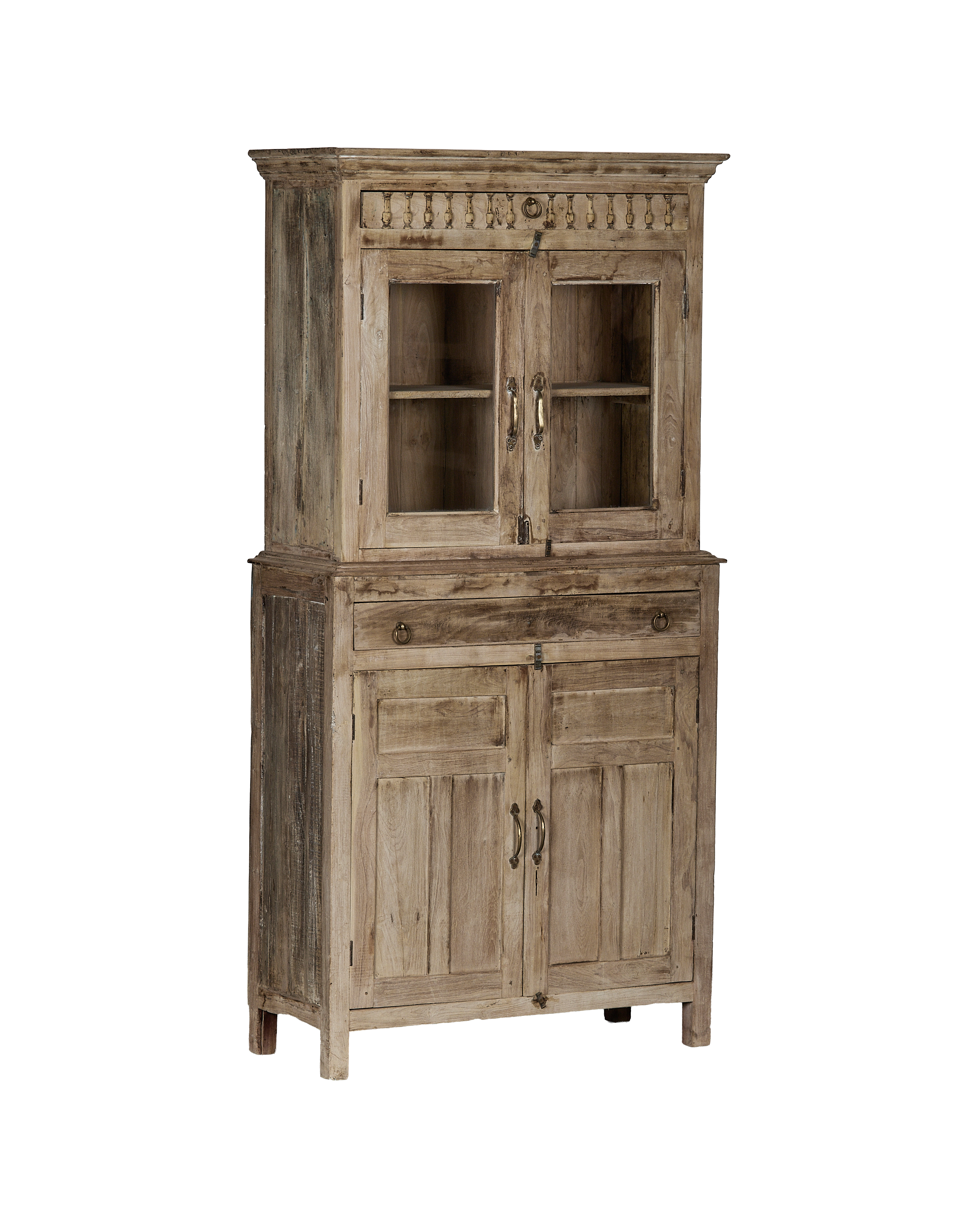 Bleached oak vintage Indian cabinet with glass top displays, intricate carved details, and lower drawers.