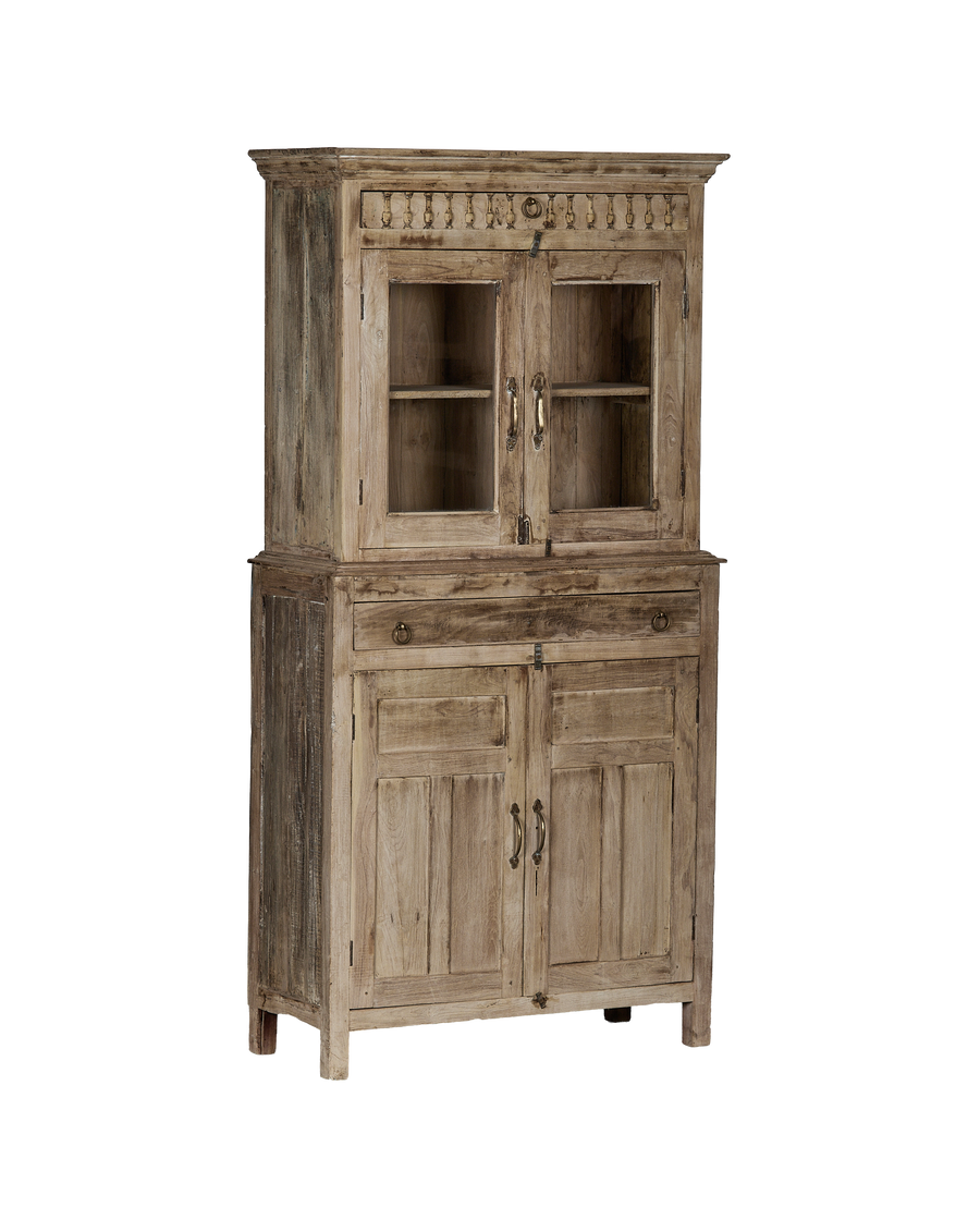 Bleached oak vintage Indian cabinet with glass top displays, intricate carved details, and lower drawers.
