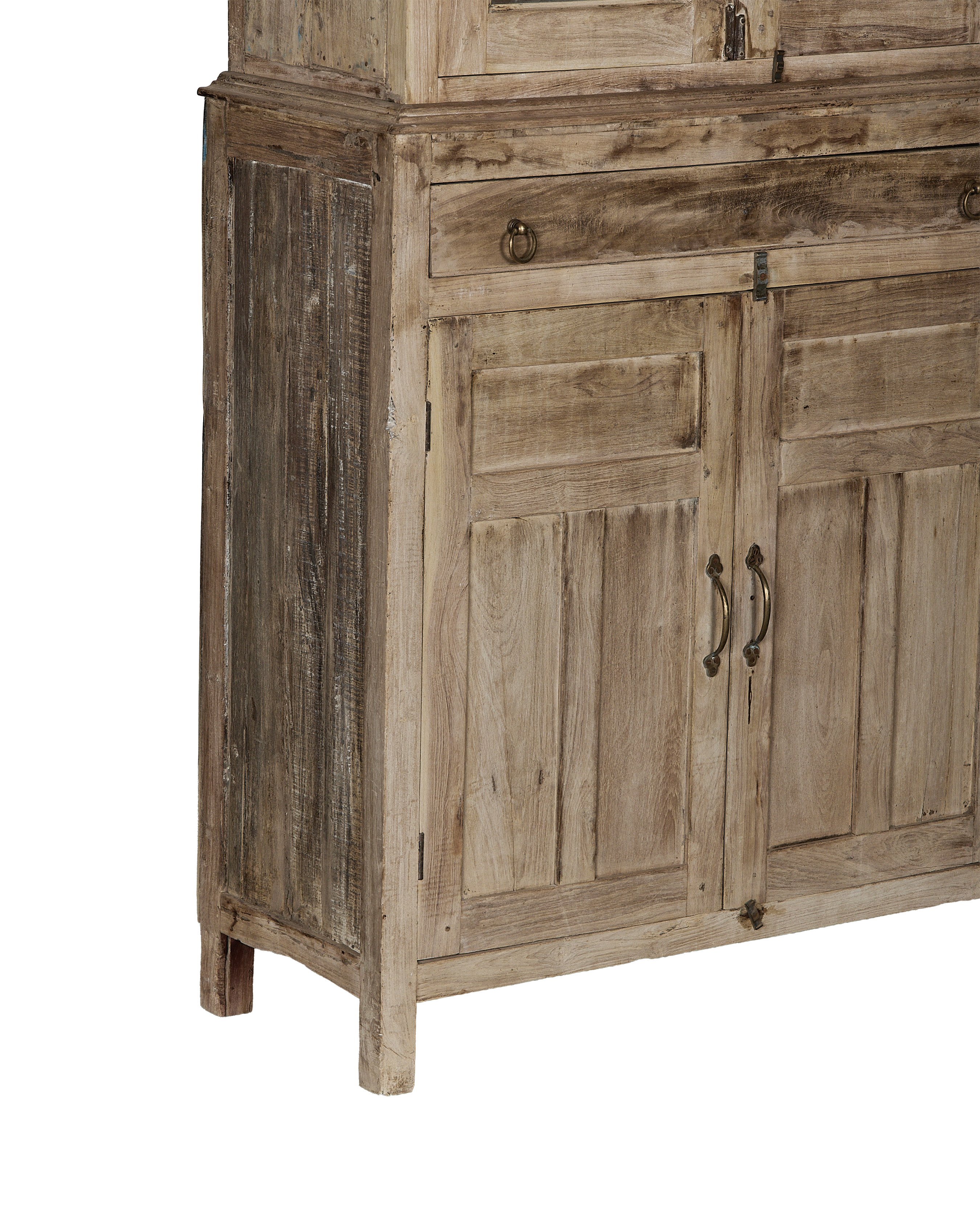 Rustic bleached oak vintage Indian cabinet, showing bottom drawers with brass ring pull and lower doors.