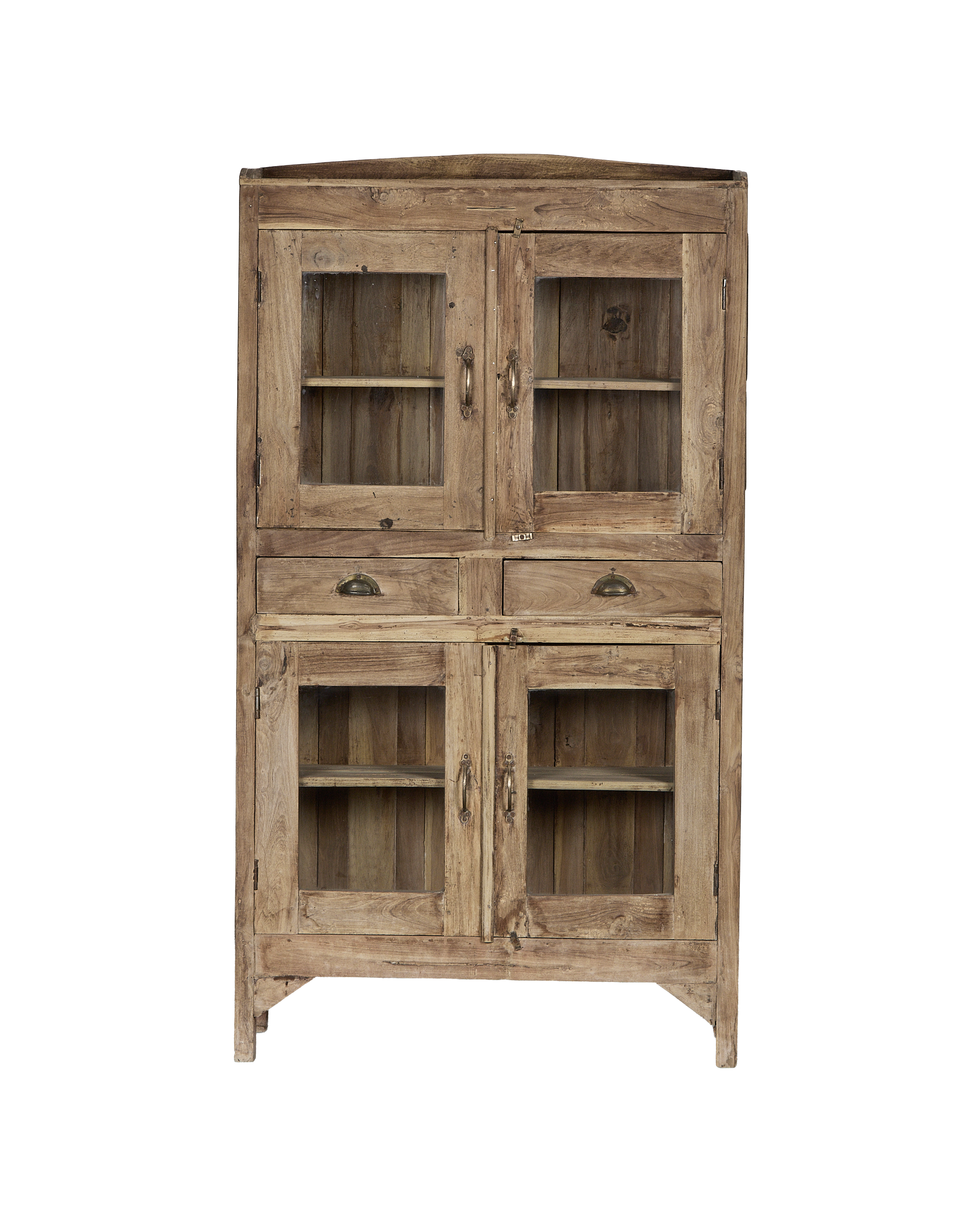 Vintage Indian oak display cabinet with glass doors and two drawers, main view.