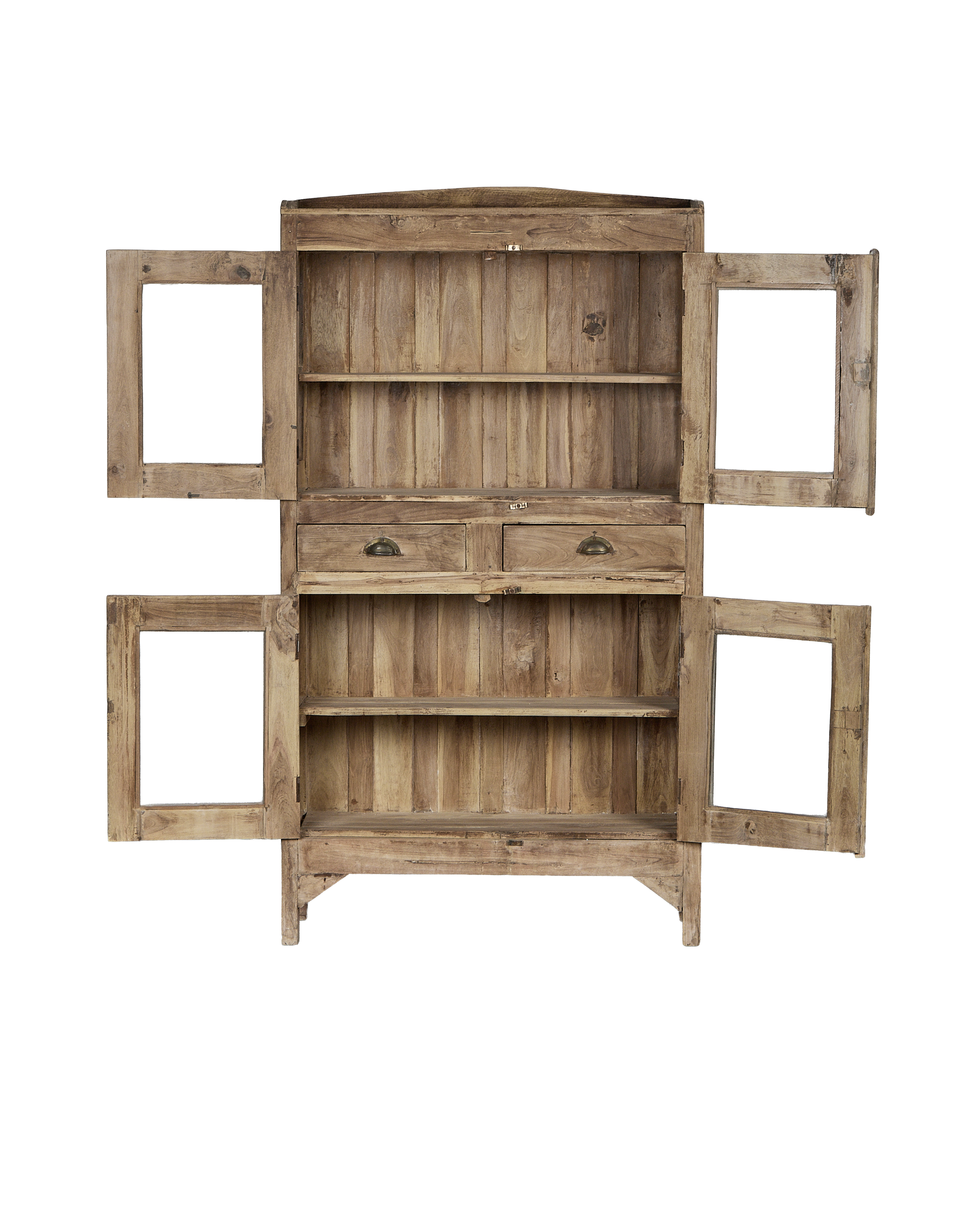 Open vintage Indian oak cabinet, doors and drawers showing interior shelves, natural wood finish.