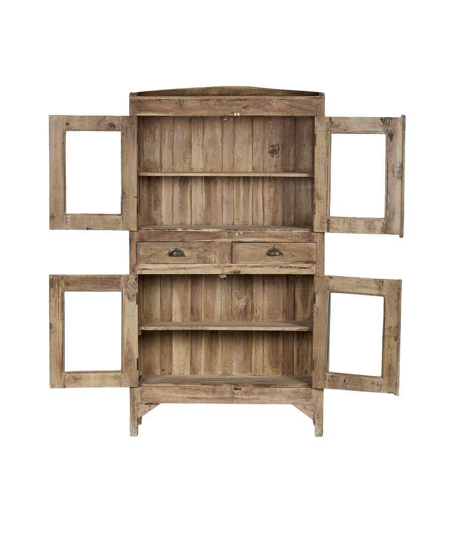 Open vintage Indian oak cabinet, doors and drawers showing interior shelves, natural wood finish.