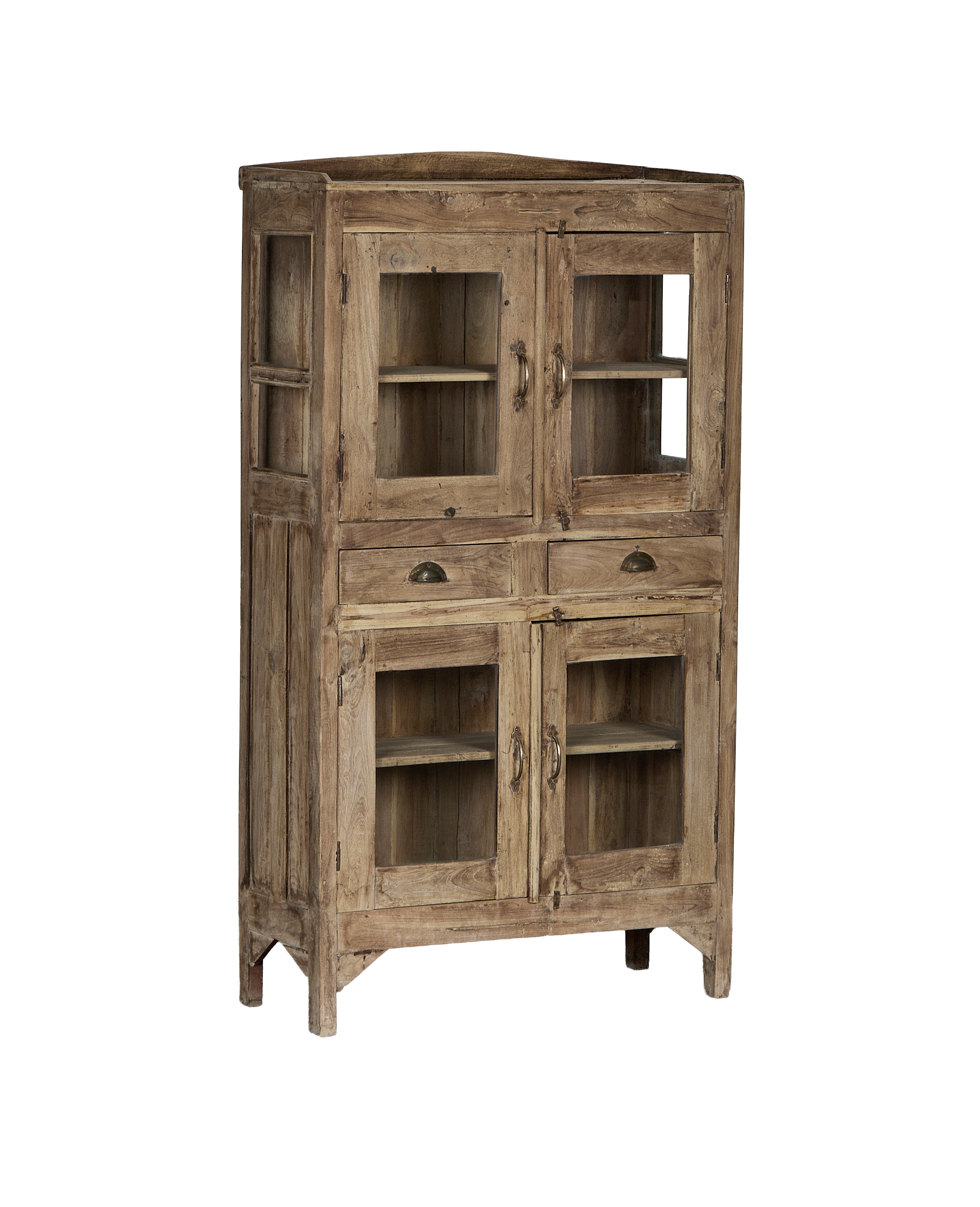 Vintage Indian oak cabinet, natural wood finish, displaying corner design and glass panels.