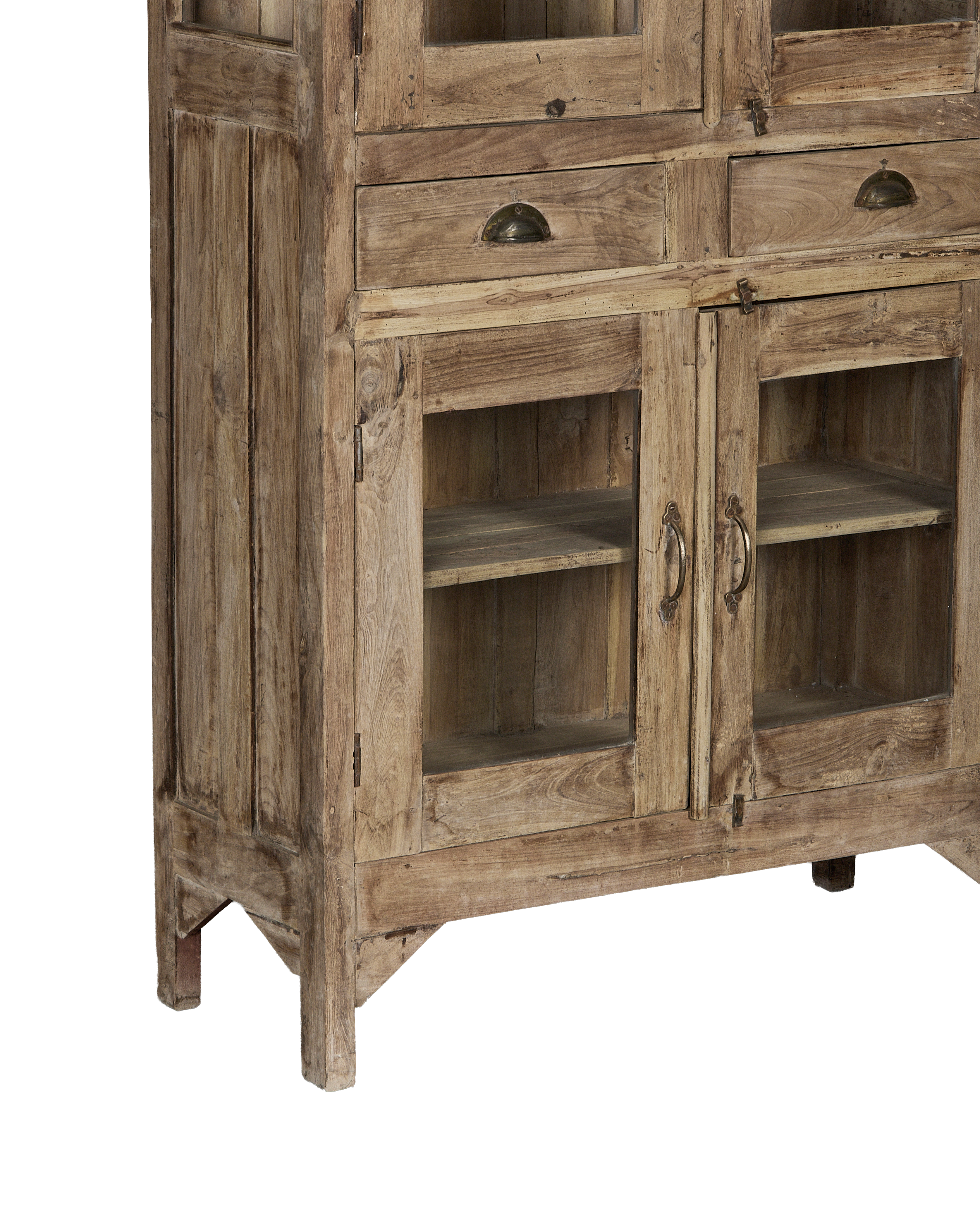 Detailed view of vintage Indian oak wood cabinet's lower half, showing doors, drawers, and aged patina.