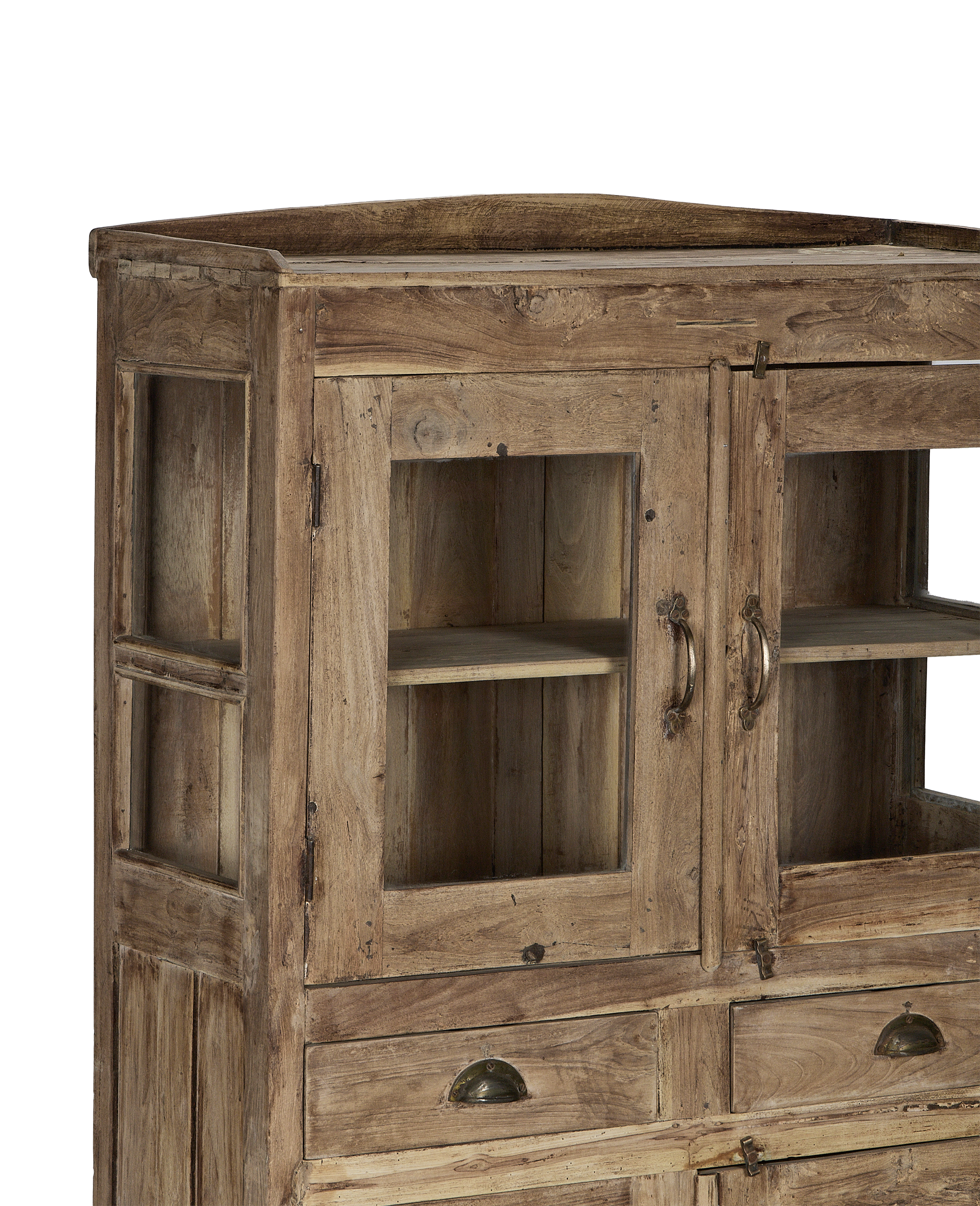 Vintage oak wood cabinet from India, displaying rustic handles and an open glass shelf.
