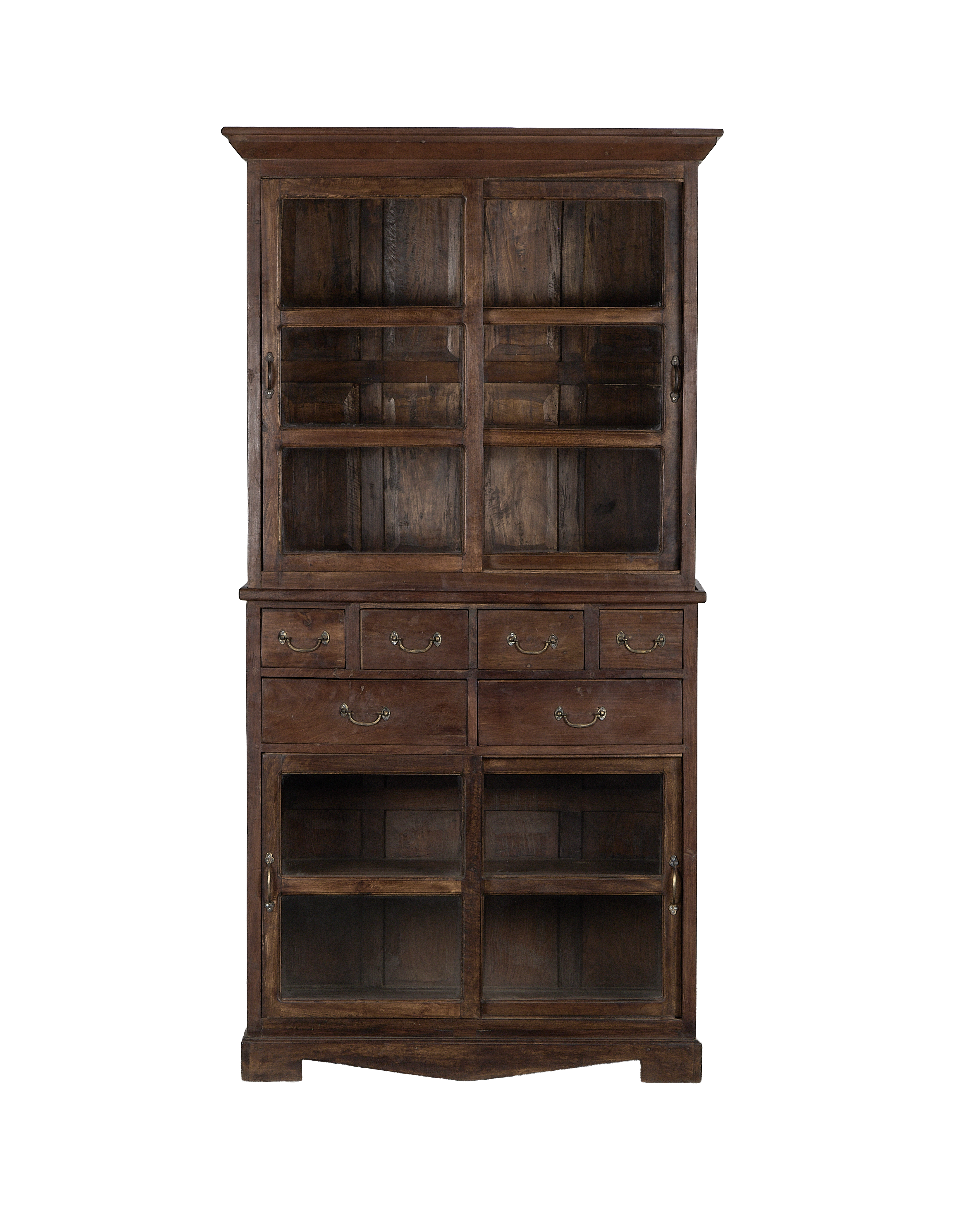 Vintage Indian oak cabinet, dark natural finish, glass doors, several drawers.