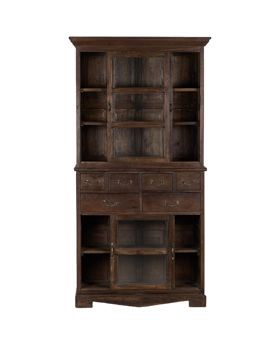 Vintage Indian oak cabinet, full frontal view, showing glass doors, brass pulls, and open shelving.