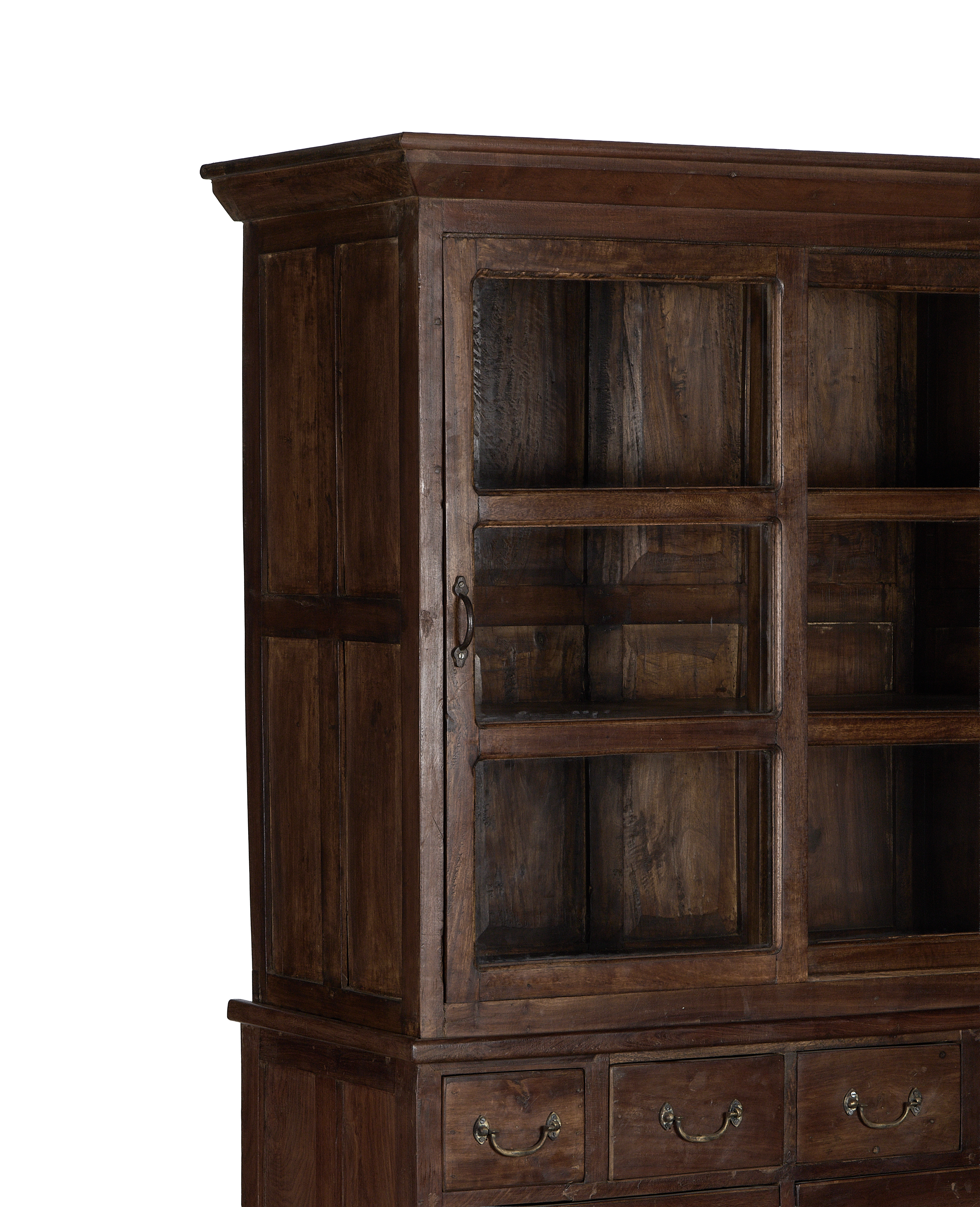 Vintage Indian oak wood display cabinet, glass door detail, and brass drawer pull.