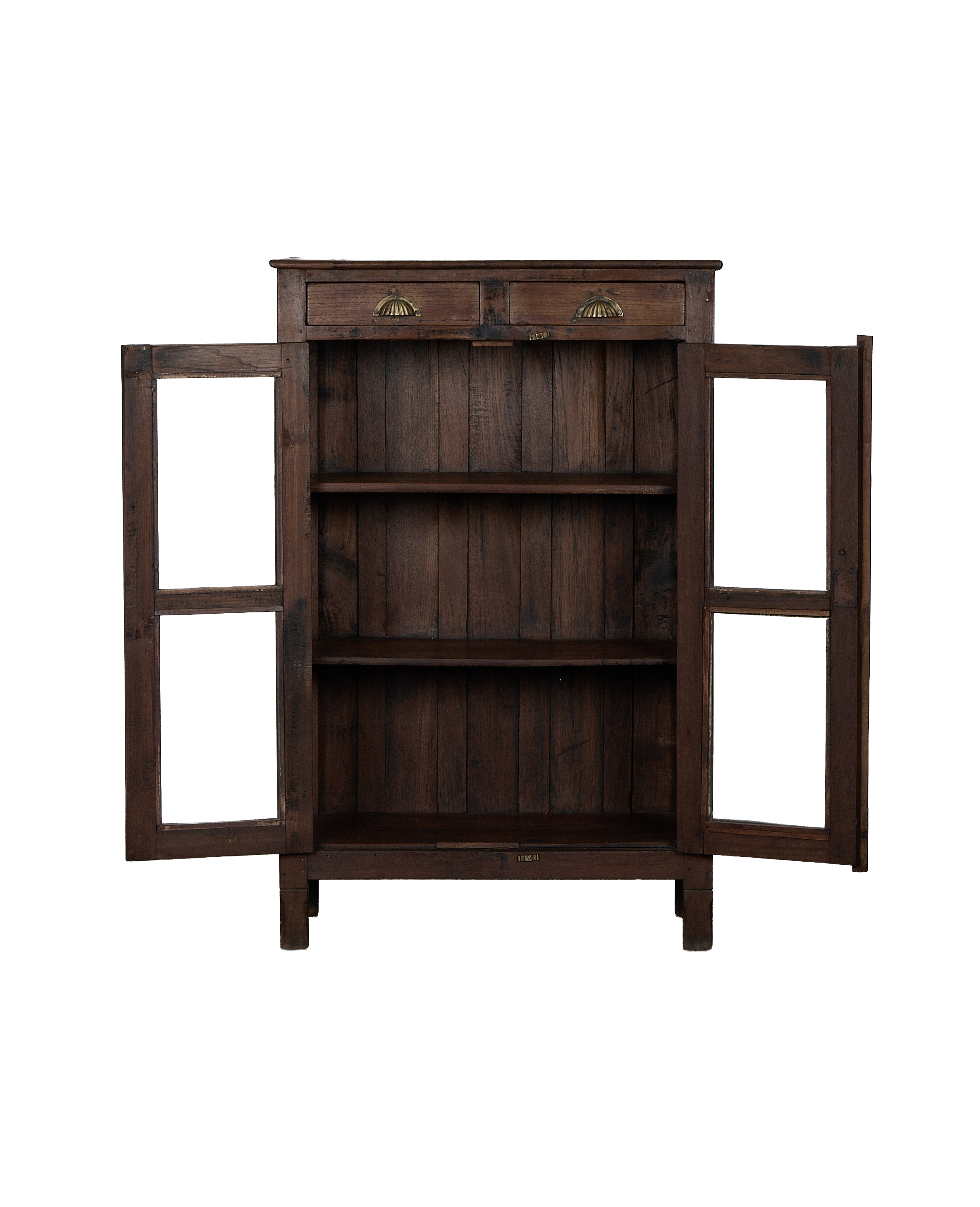 Vintage Indian oak wood cabinet with glass doors open, revealing two shelves.