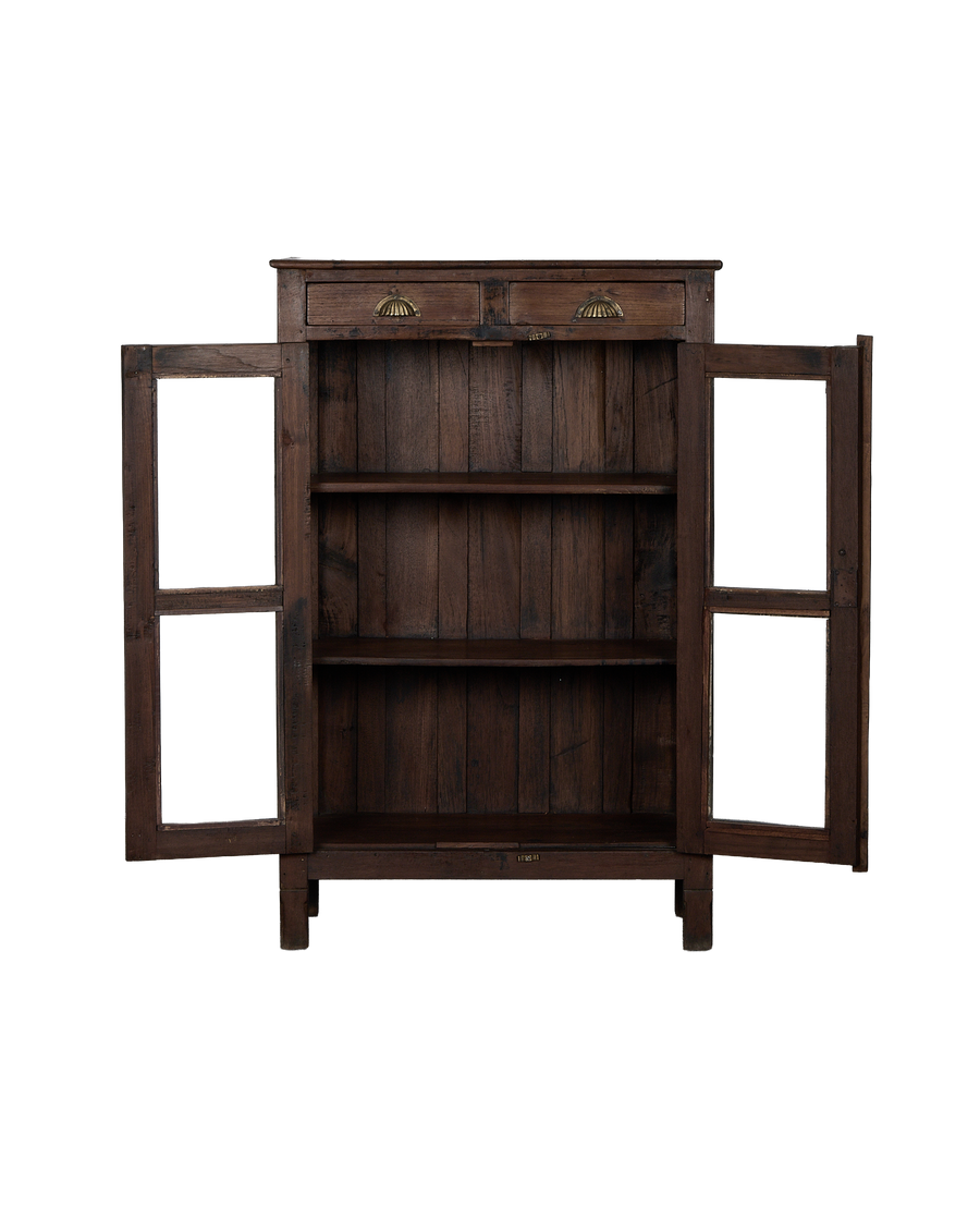 Vintage Indian oak wood cabinet with glass doors open, revealing two shelves.